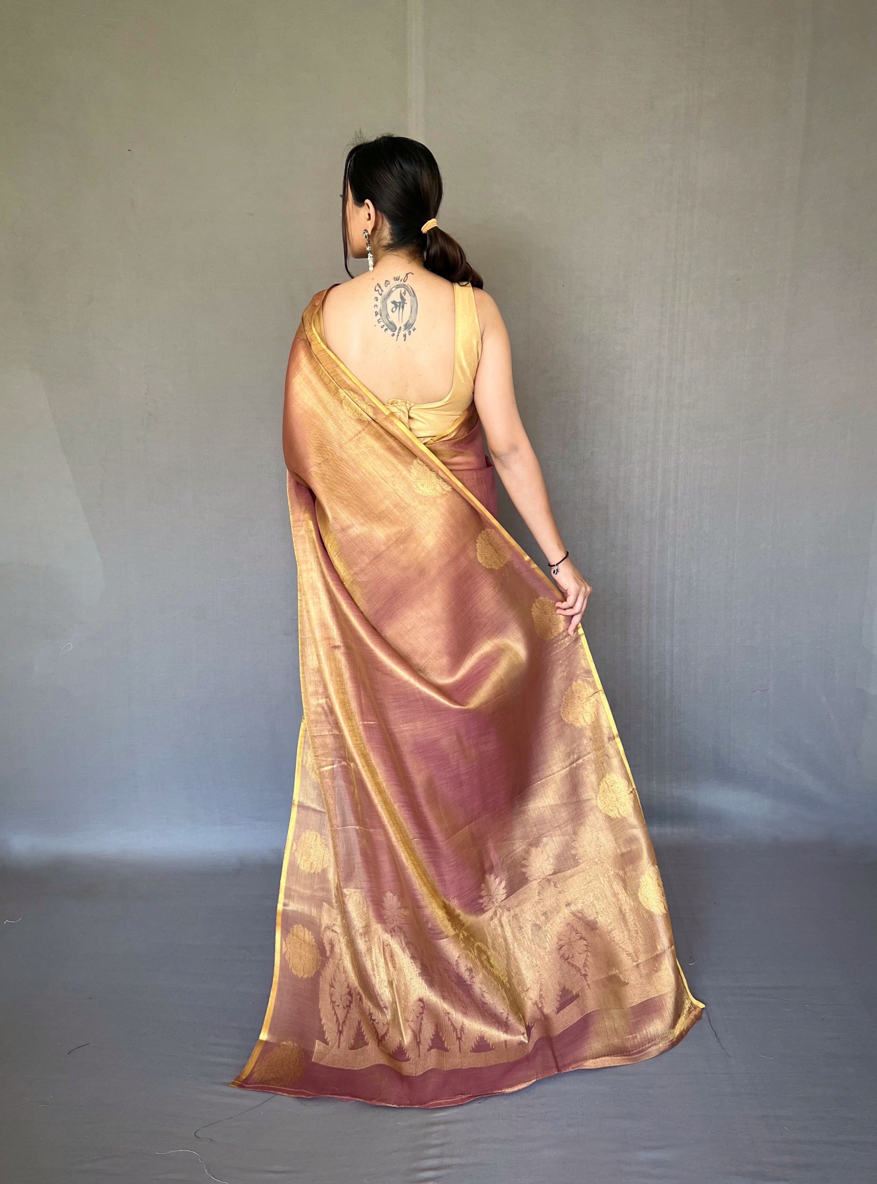 Rosewood Zari Threaded Tissue Silk Saree
