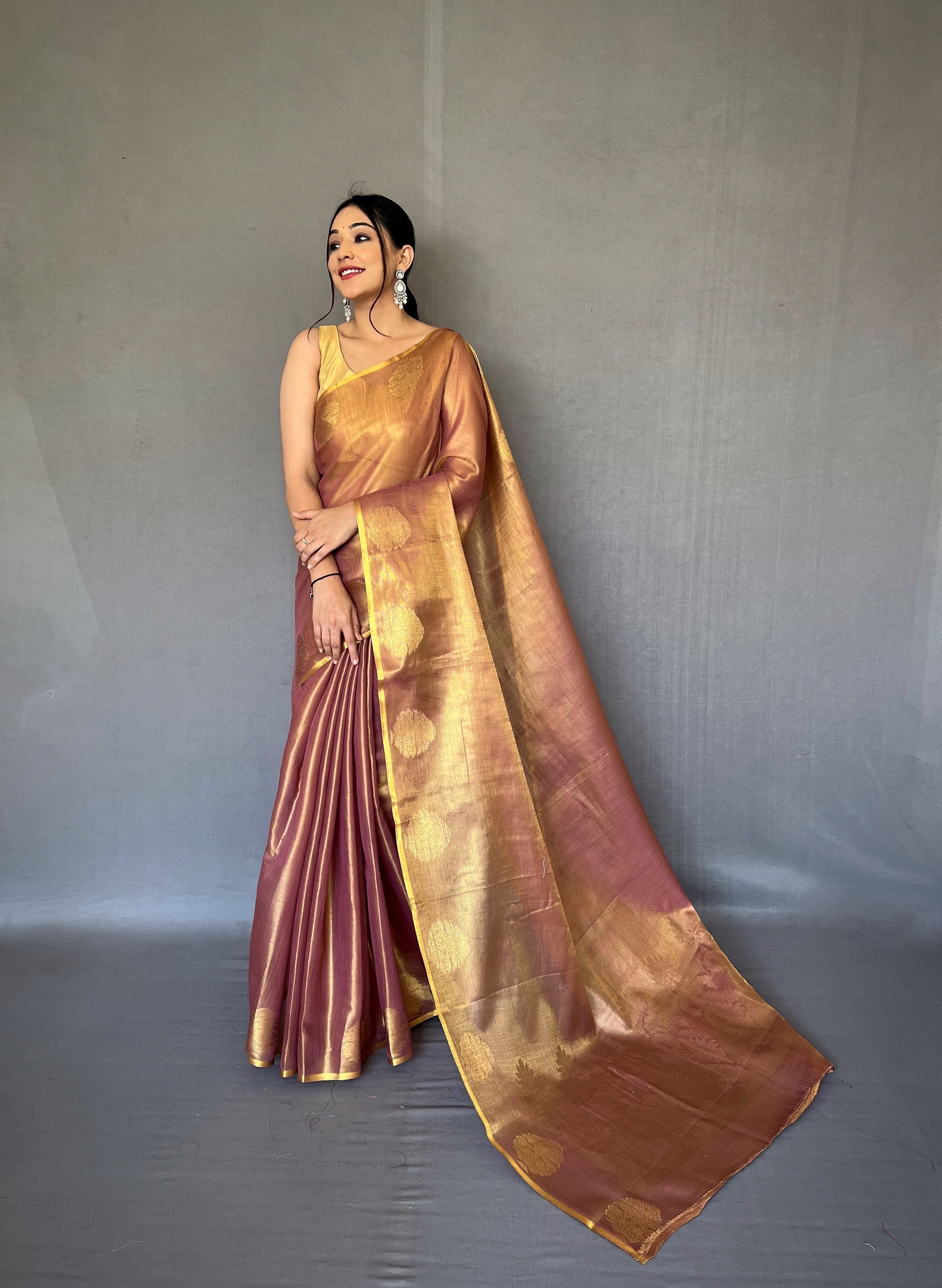 Rosewood Zari Threaded Tissue Silk Saree
