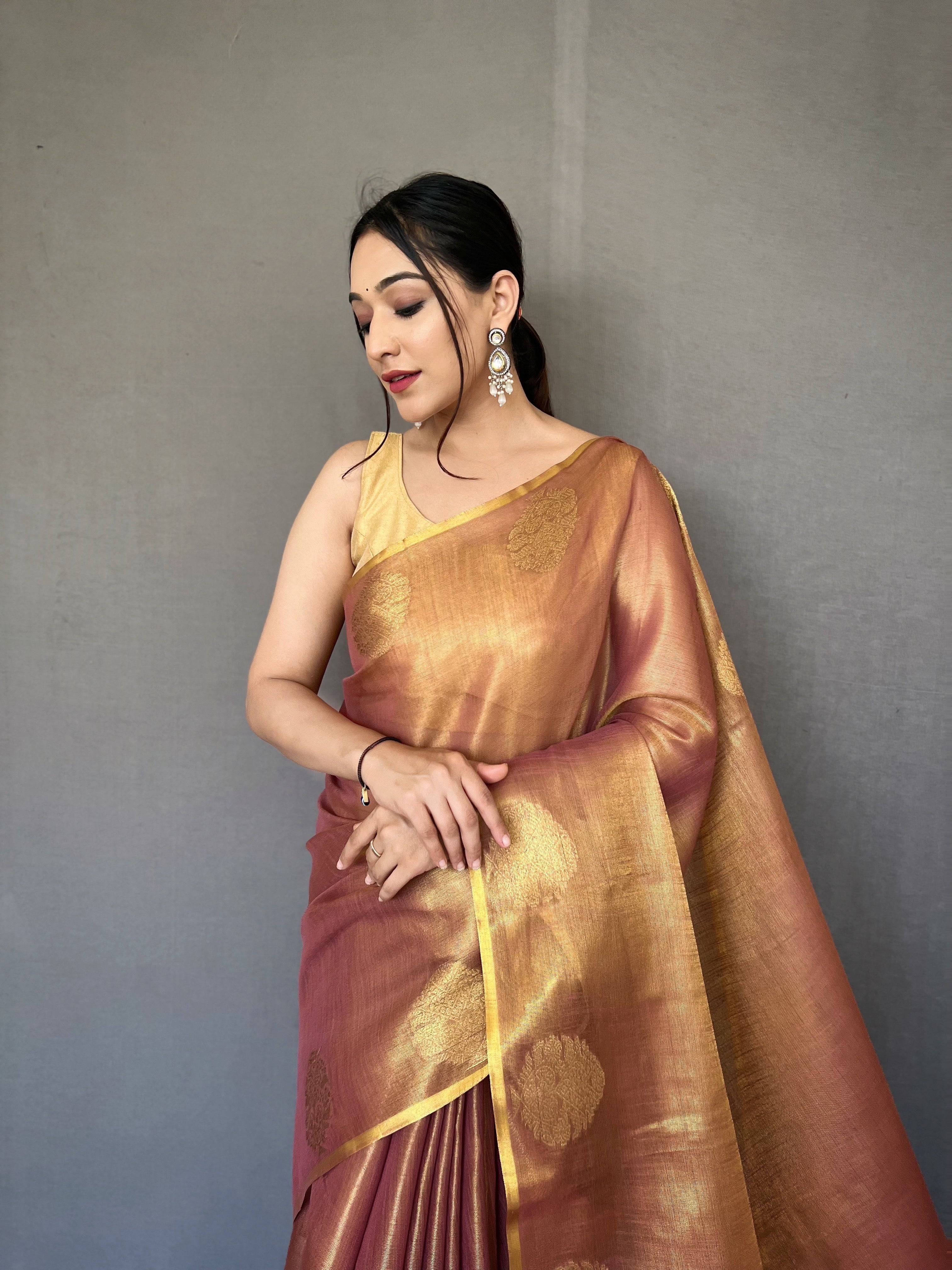 Rosewood Zari Threaded Tissue Silk Saree