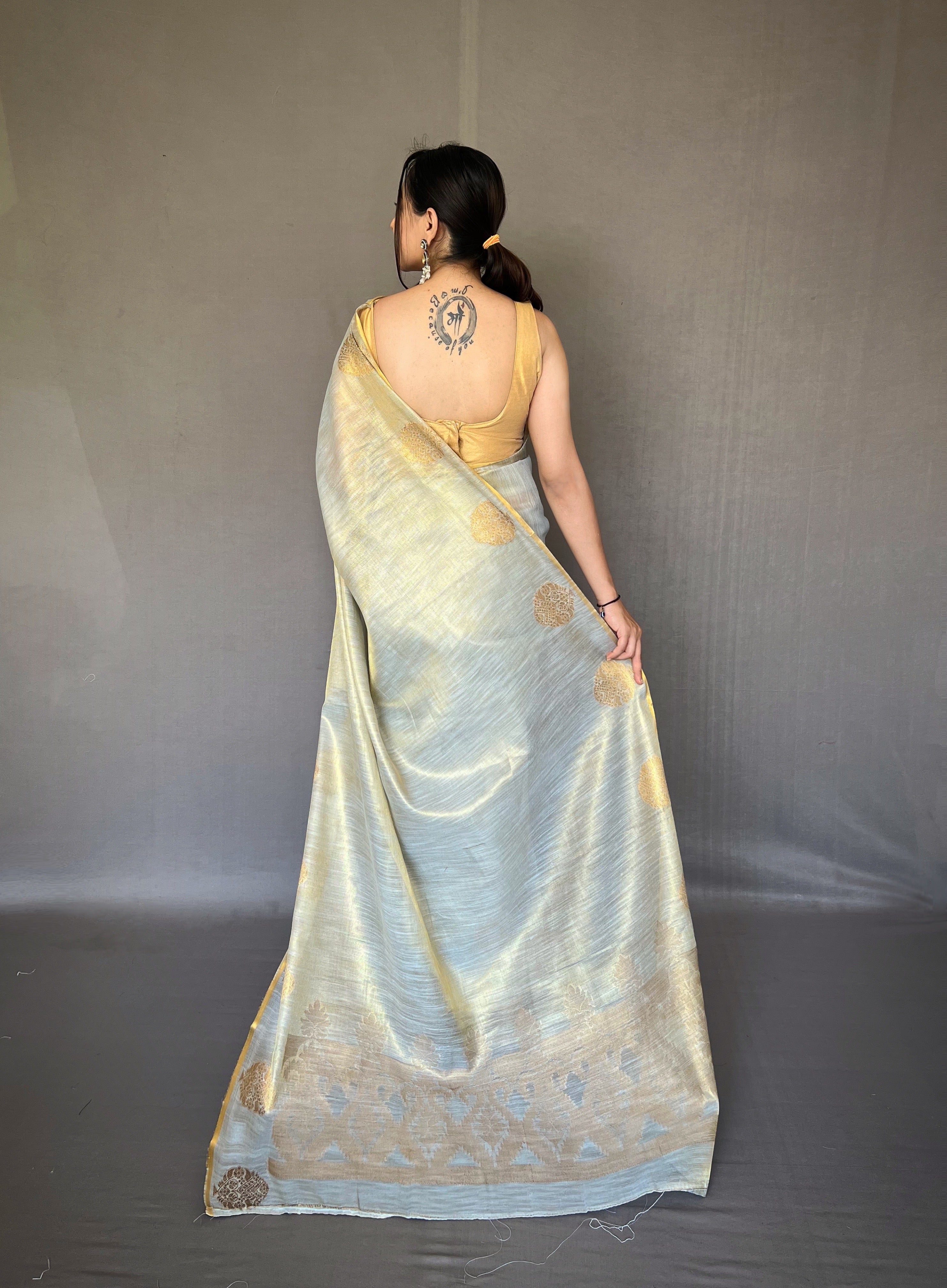 Ash Grey Zari Threaded Tissue Silk Saree