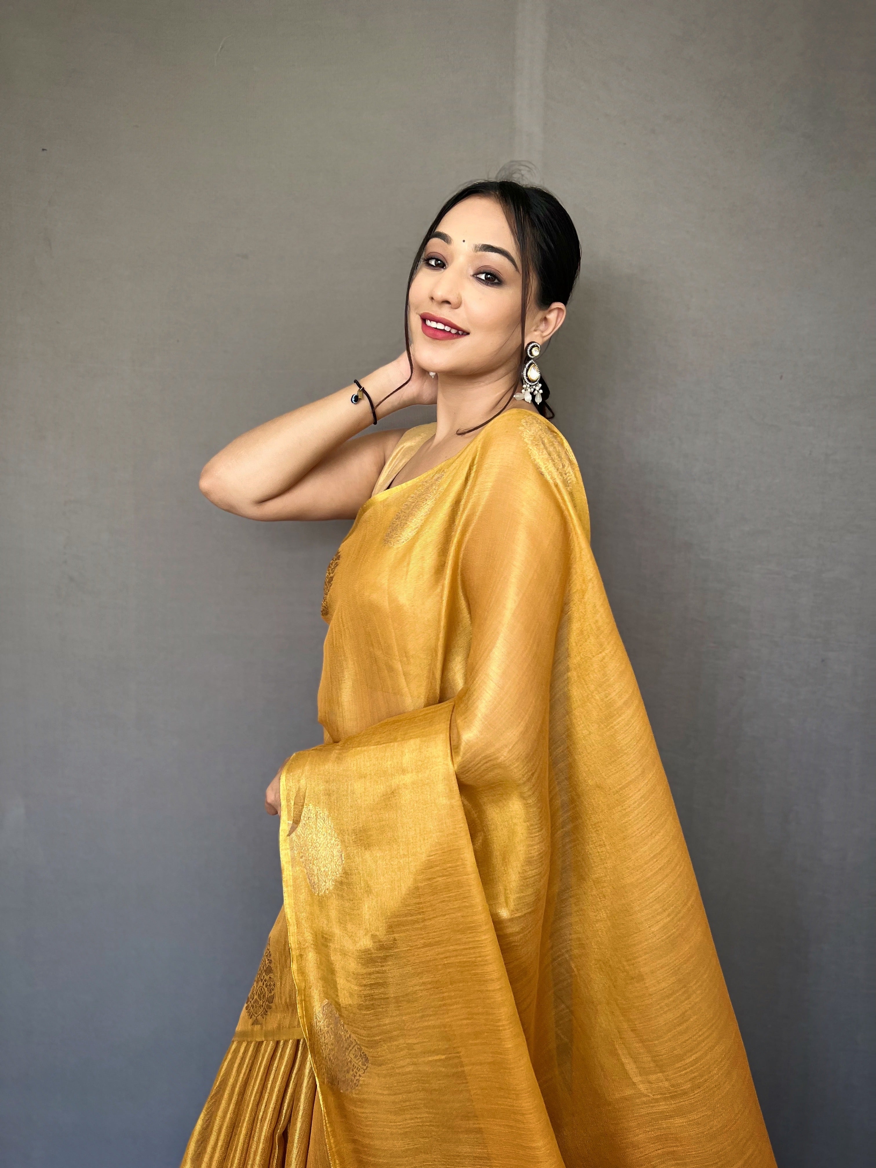 Golden Yellow Zari Threaded Tissue Silk Saree