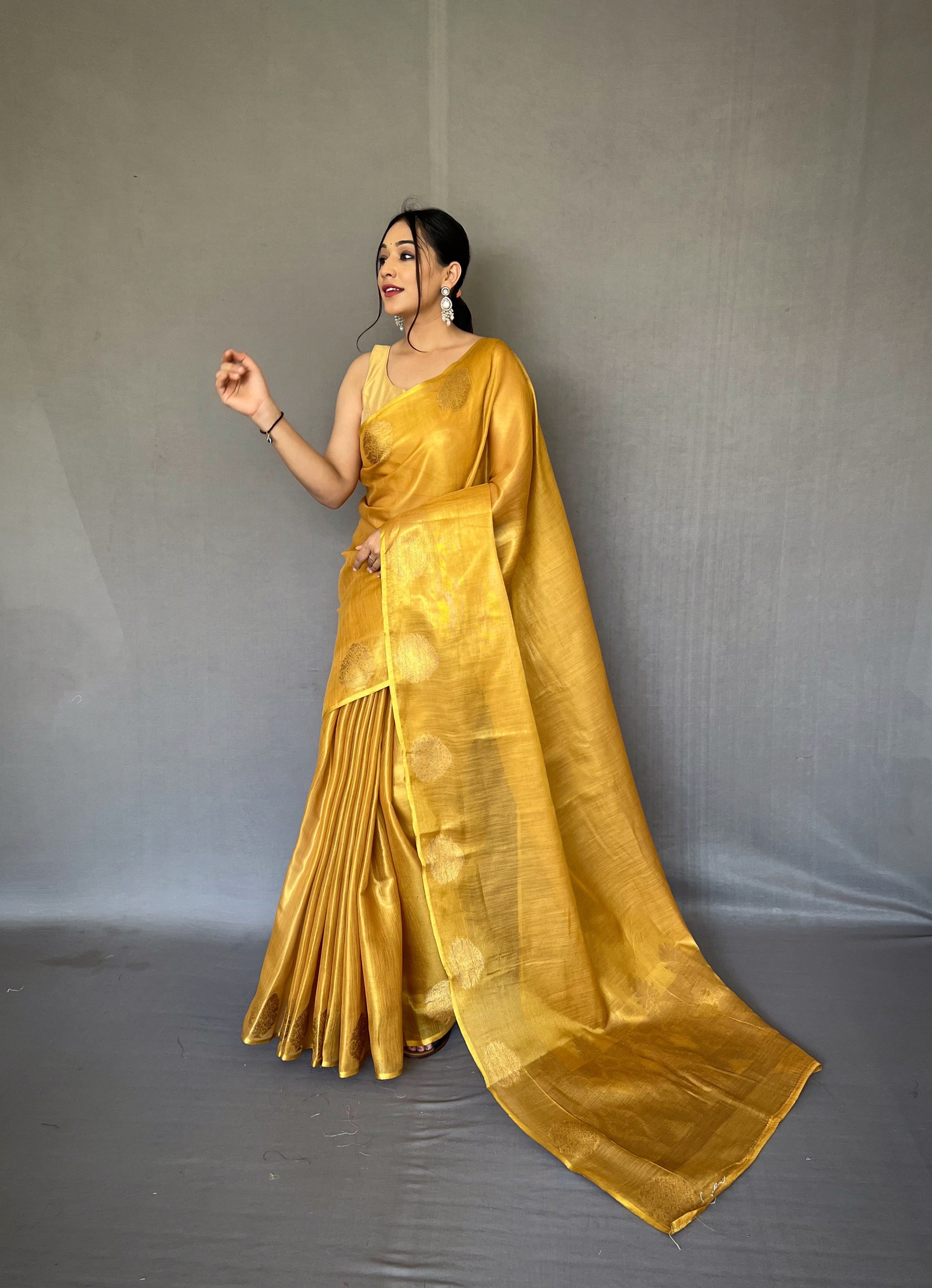 Golden Yellow Zari Threaded Tissue Silk Saree