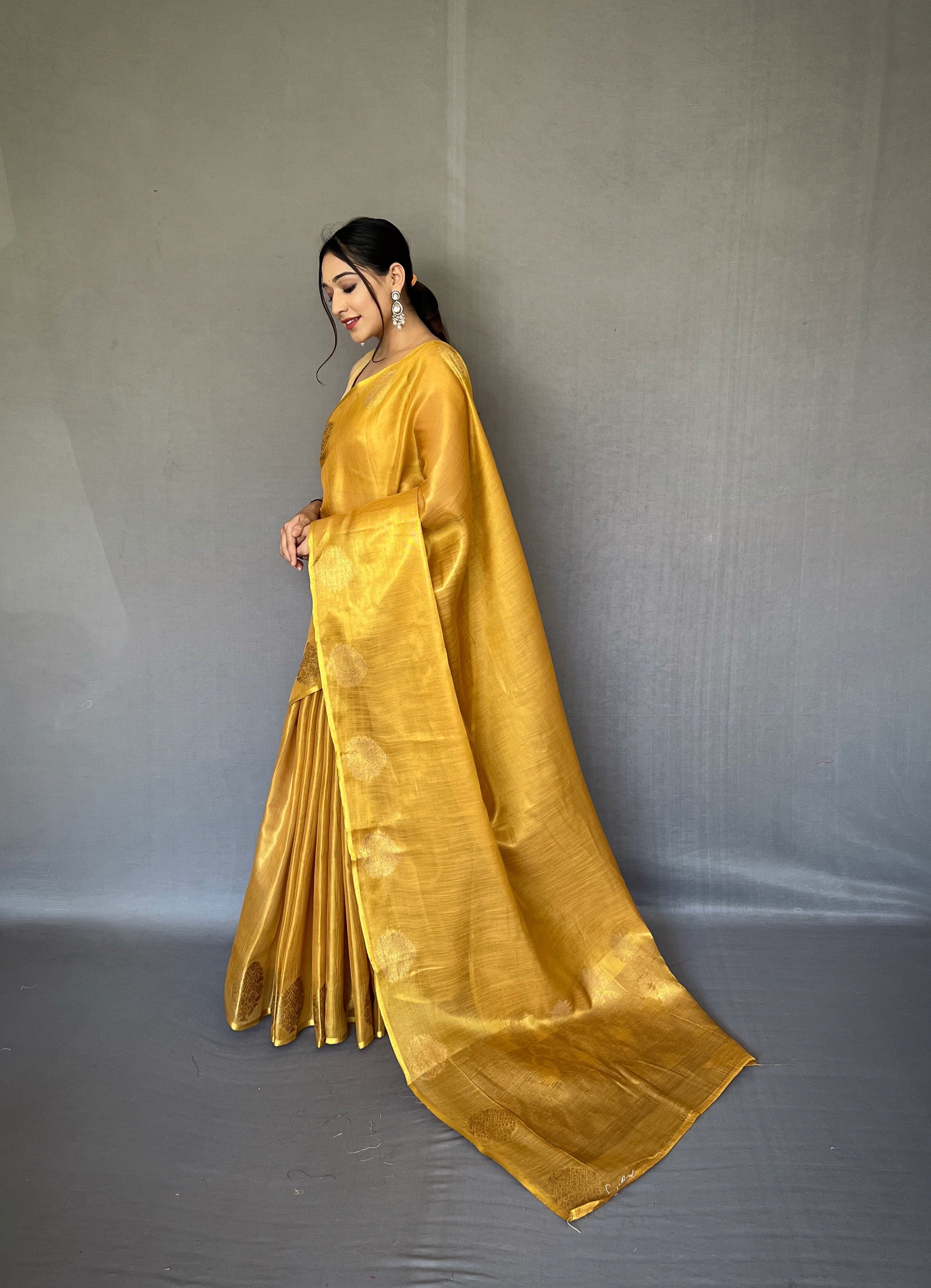 Golden Yellow Zari Threaded Tissue Silk Saree