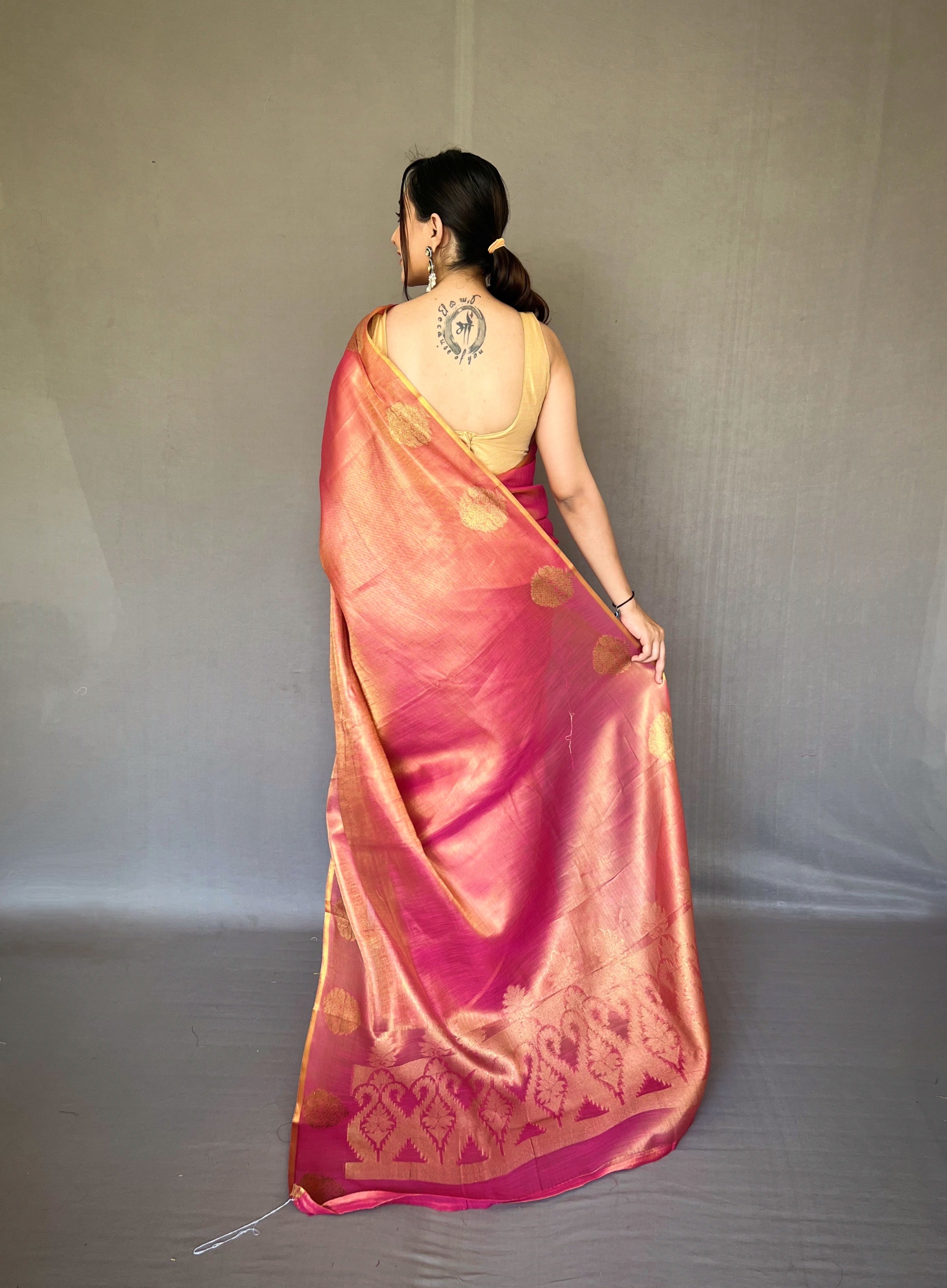 Smoky Pink Zari Threaded Tissue Silk Saree
