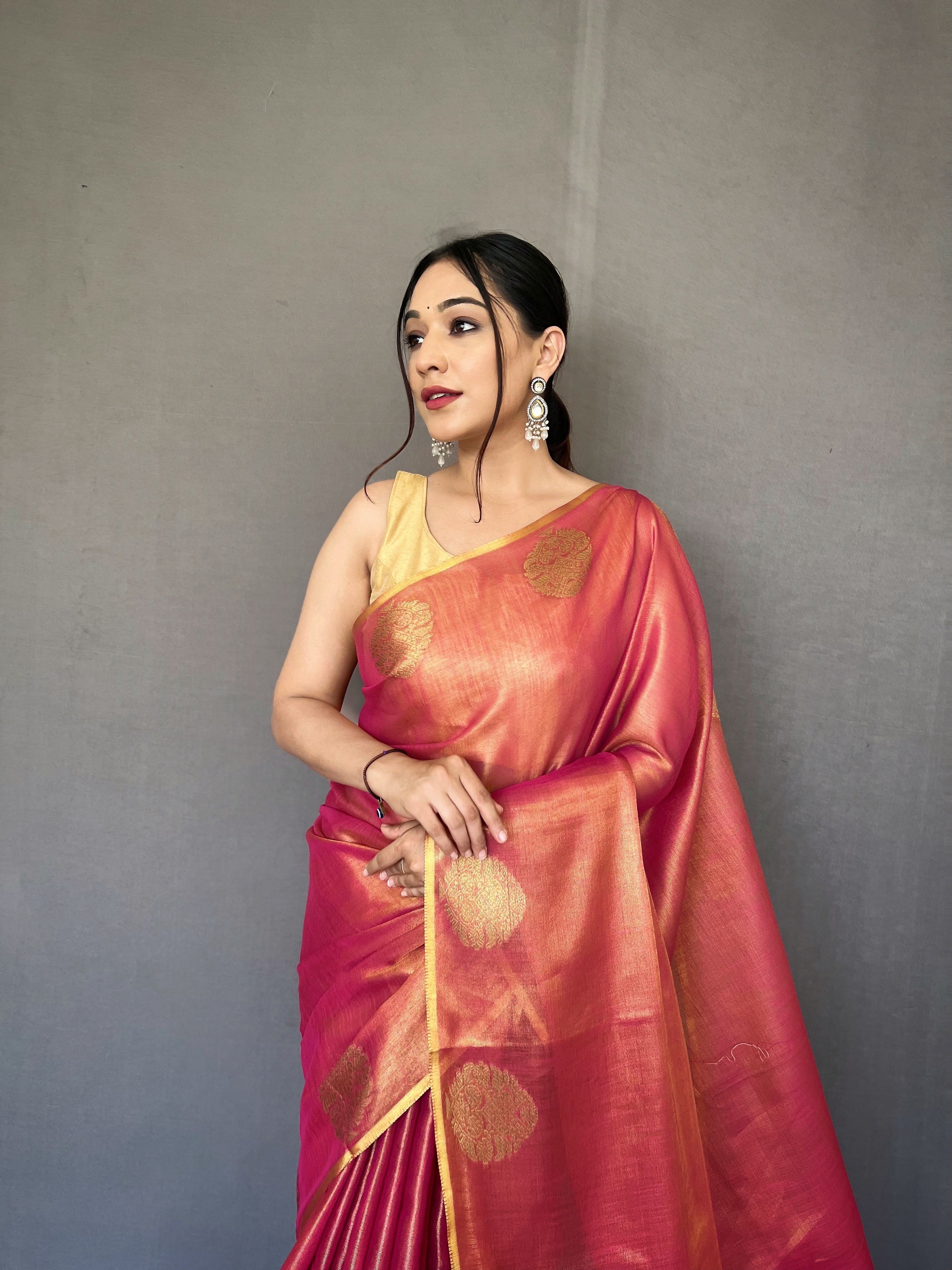 Smoky Pink Zari Threaded Tissue Silk Saree