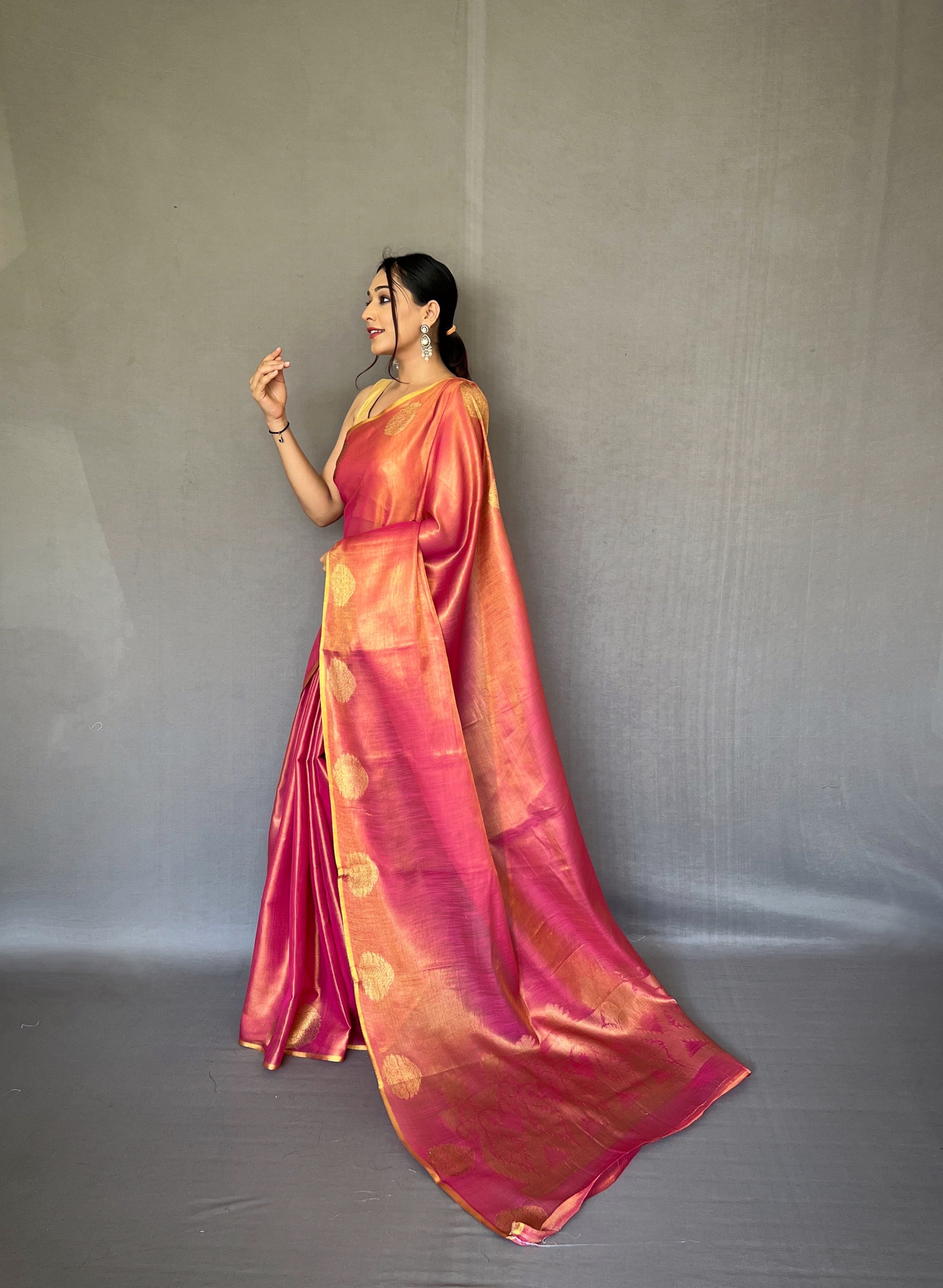 Smoky Pink Zari Threaded Tissue Silk Saree