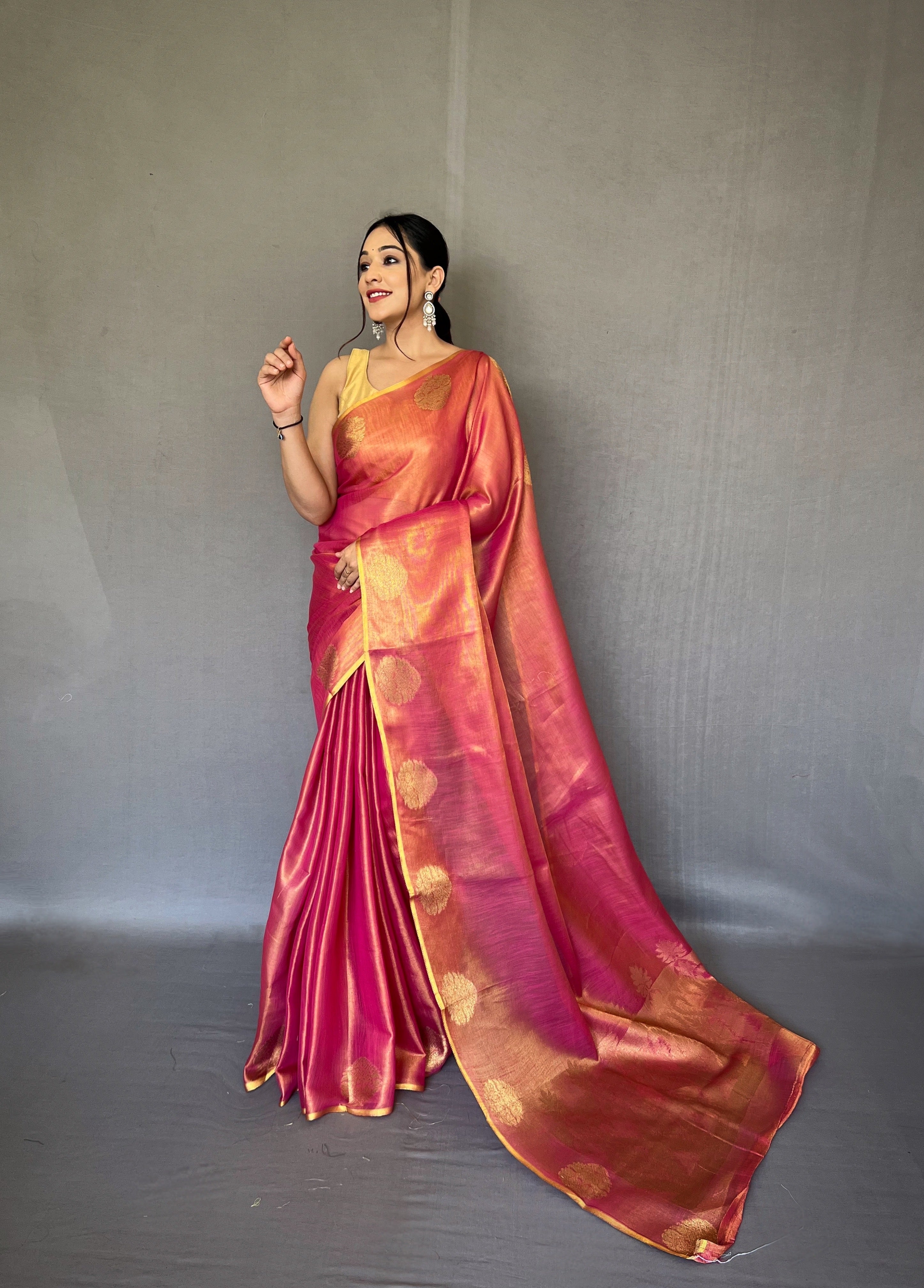Smoky Pink Zari Threaded Tissue Silk Saree