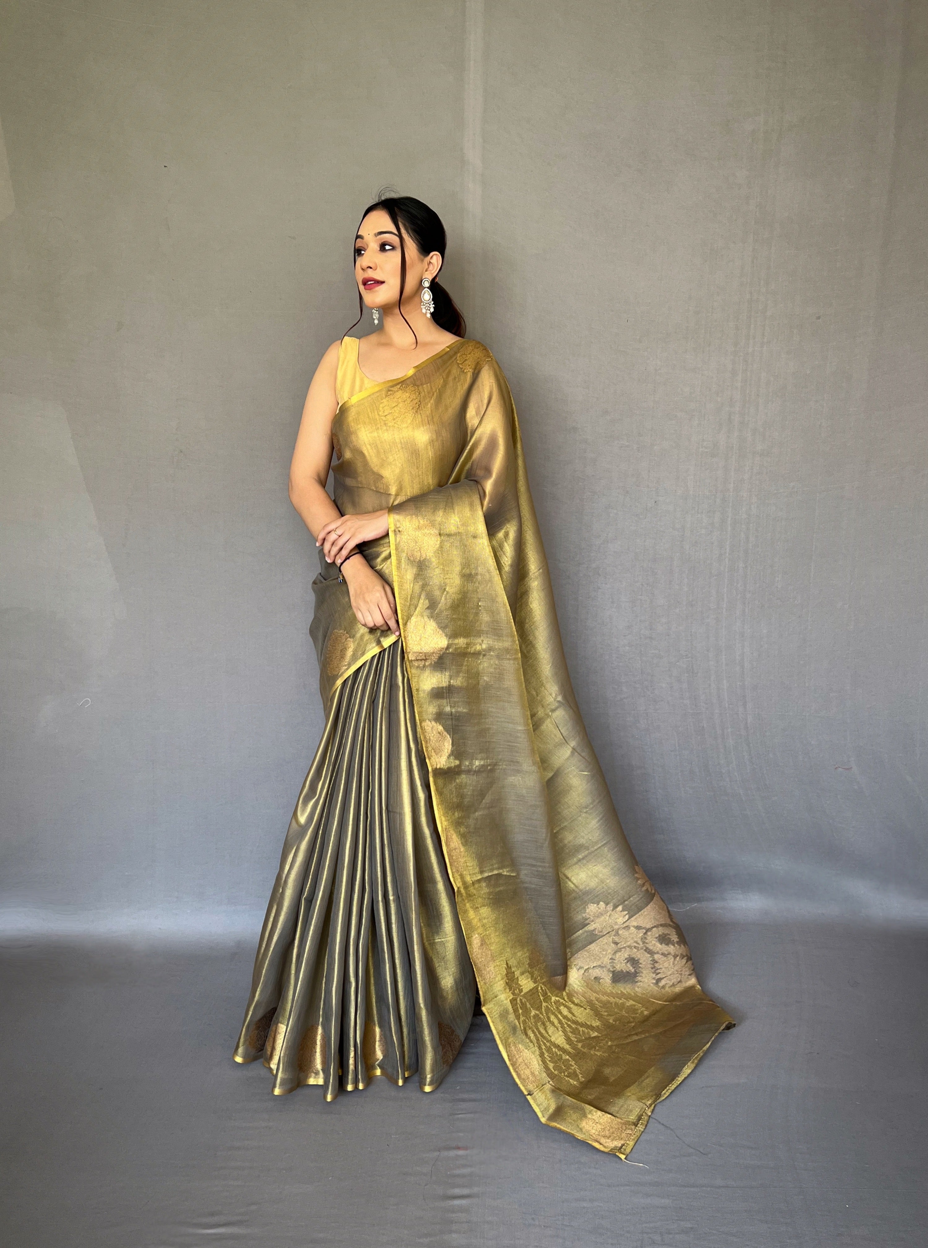 Taupe Zari Threaded Tissue Silk Saree