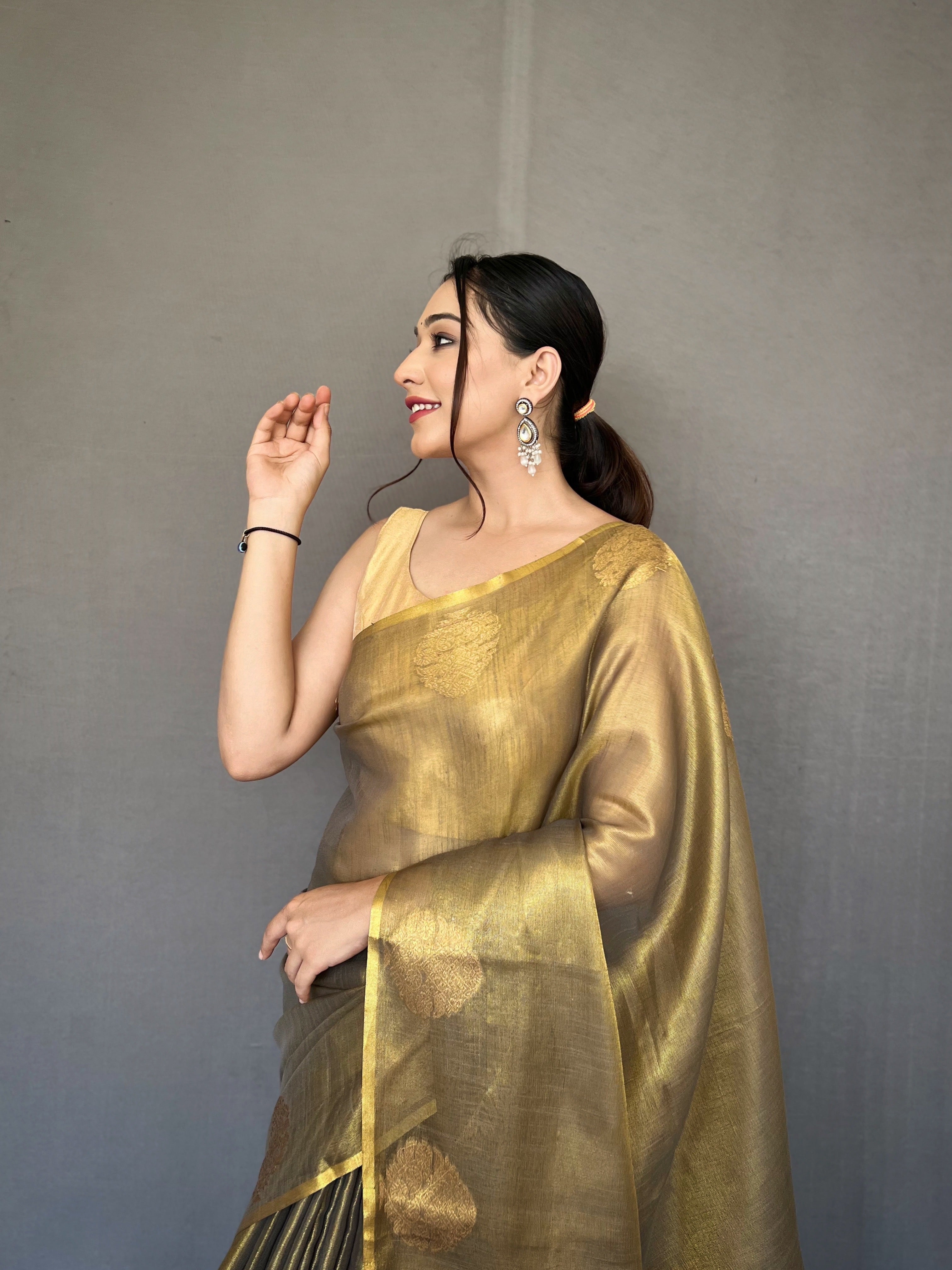 Taupe Zari Threaded Tissue Silk Saree