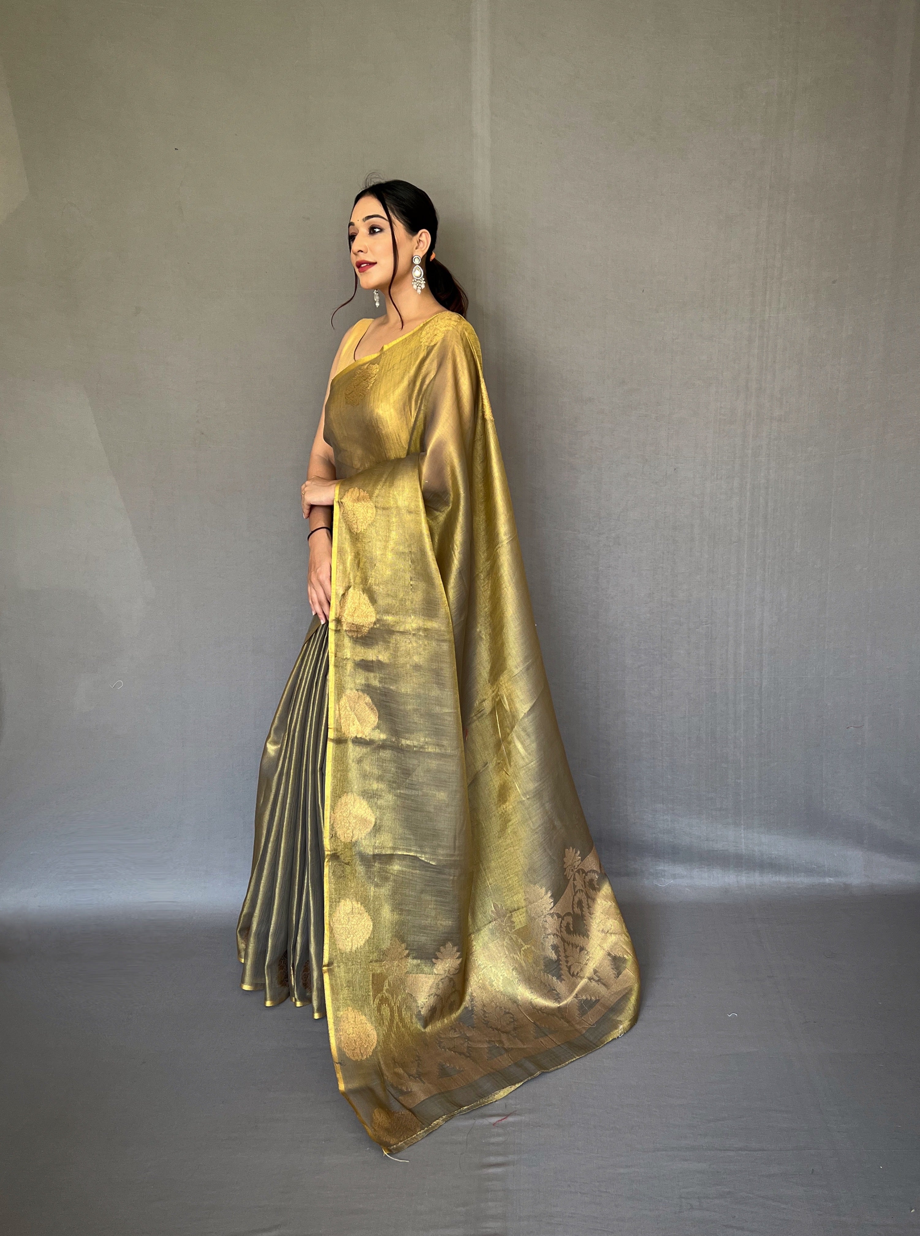 Taupe Zari Threaded Tissue Silk Saree