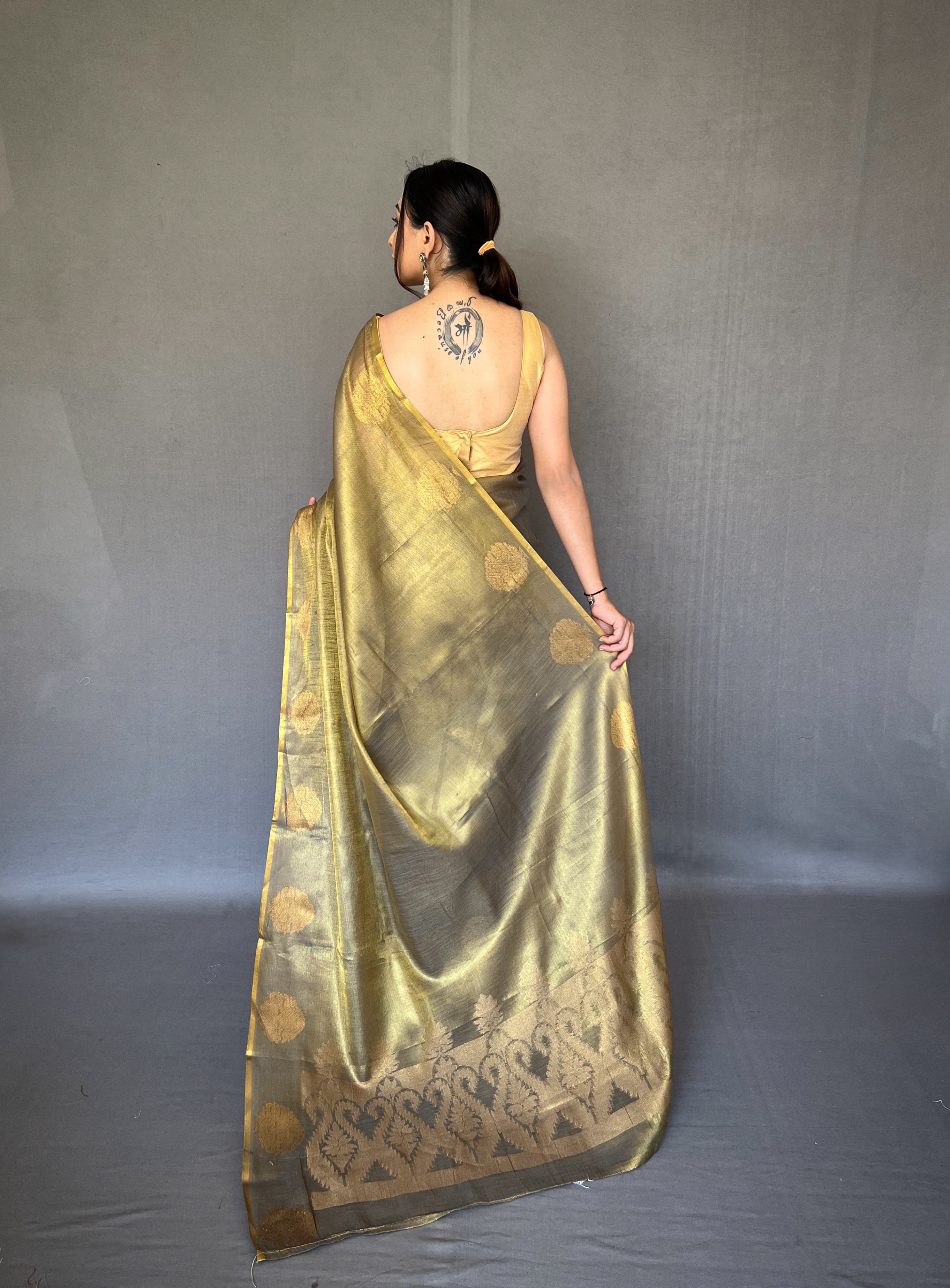 Taupe Zari Threaded Tissue Silk Saree