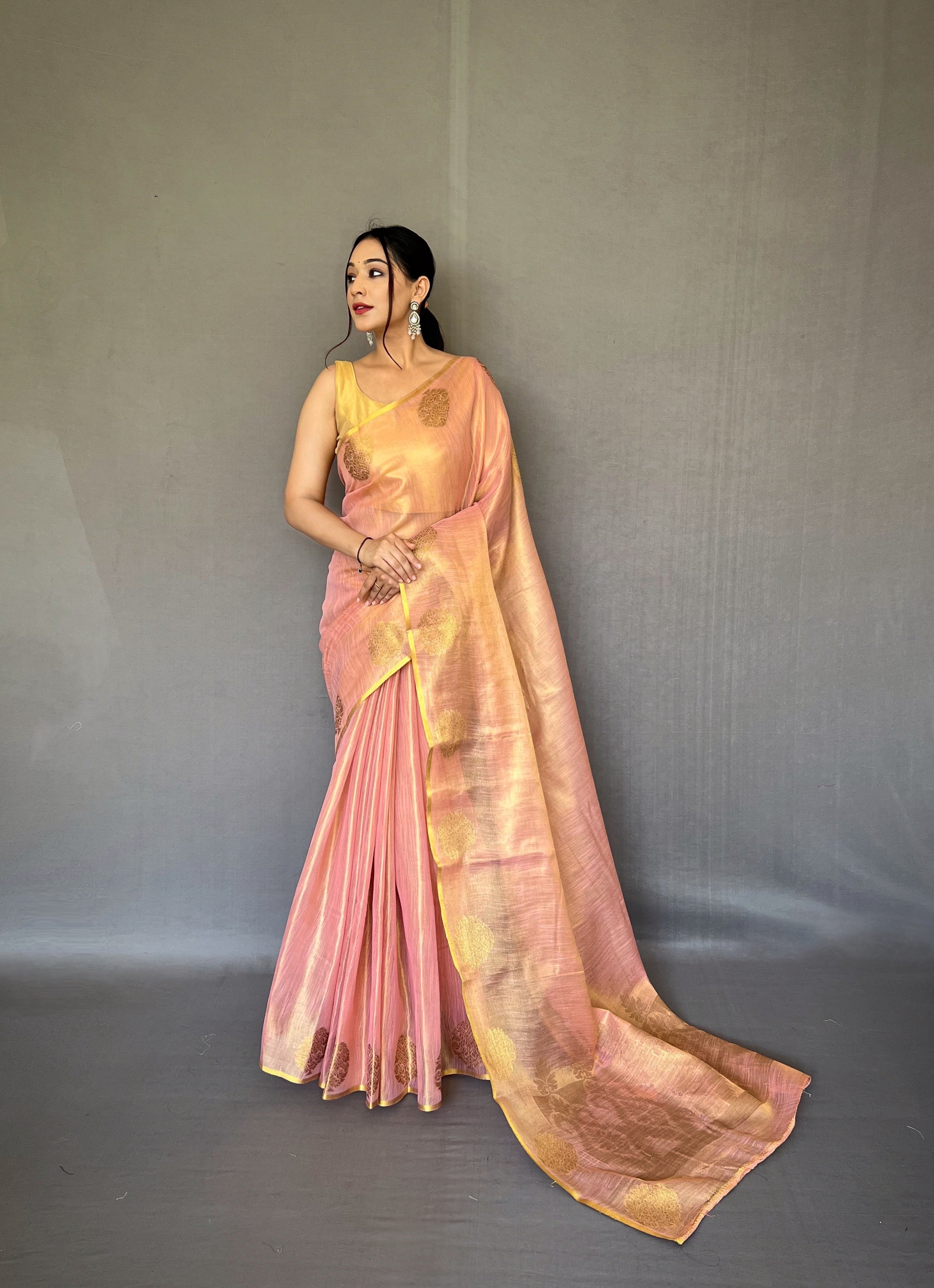 Shell Pink Zari Threaded Tissue Silk Saree
