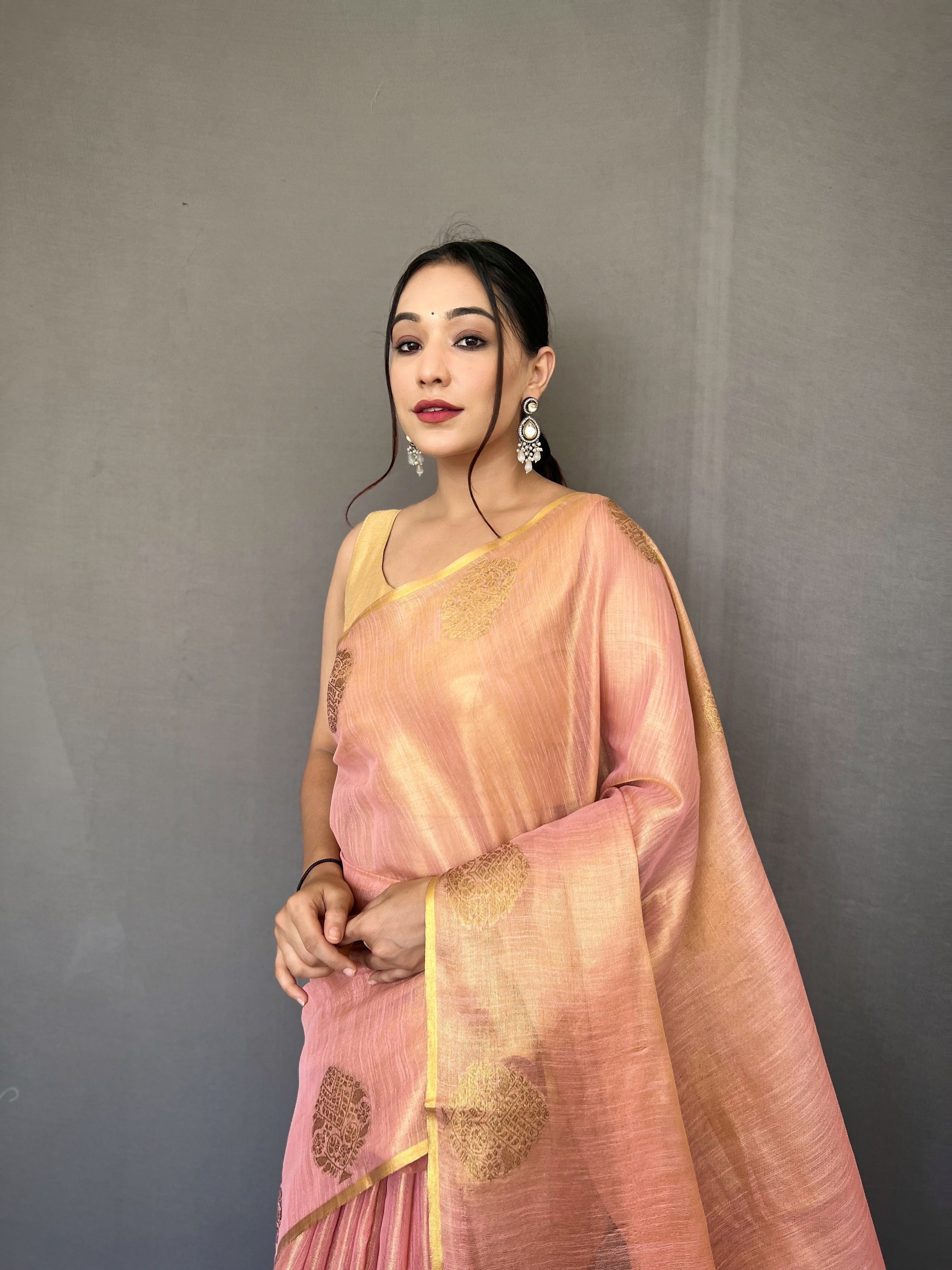 Shell Pink Zari Threaded Tissue Silk Saree