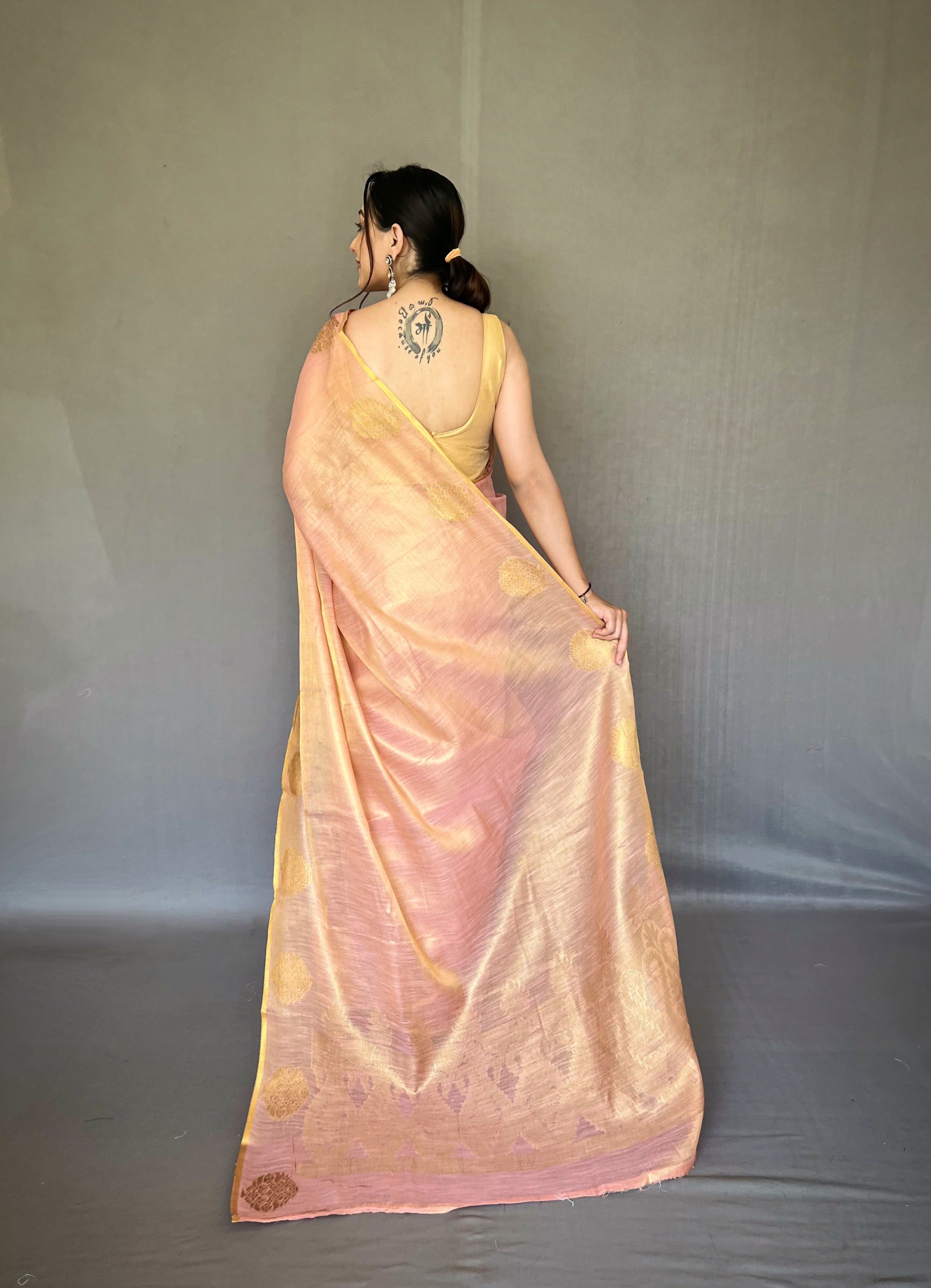 Shell Pink Zari Threaded Tissue Silk Saree