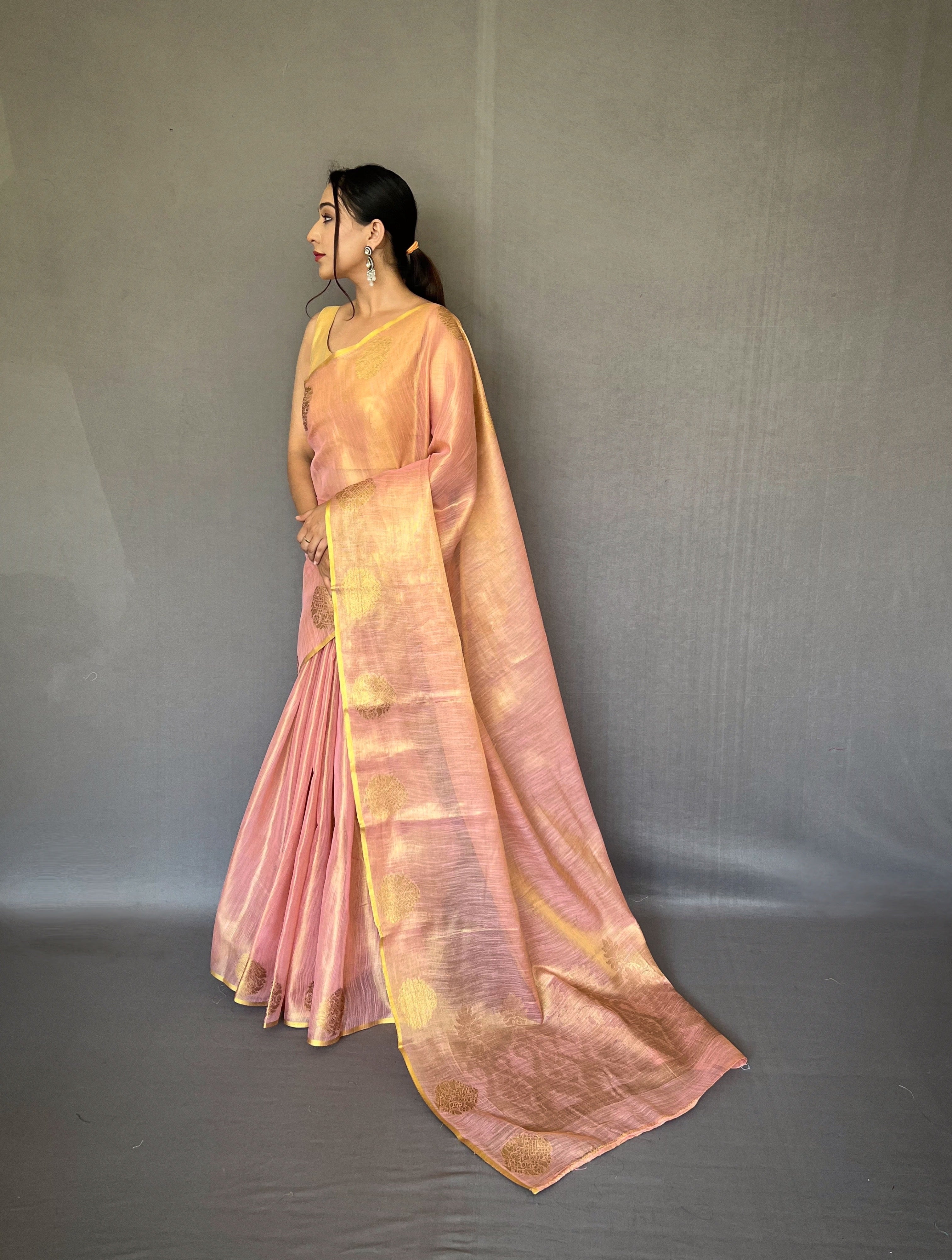 Shell Pink Zari Threaded Tissue Silk Saree