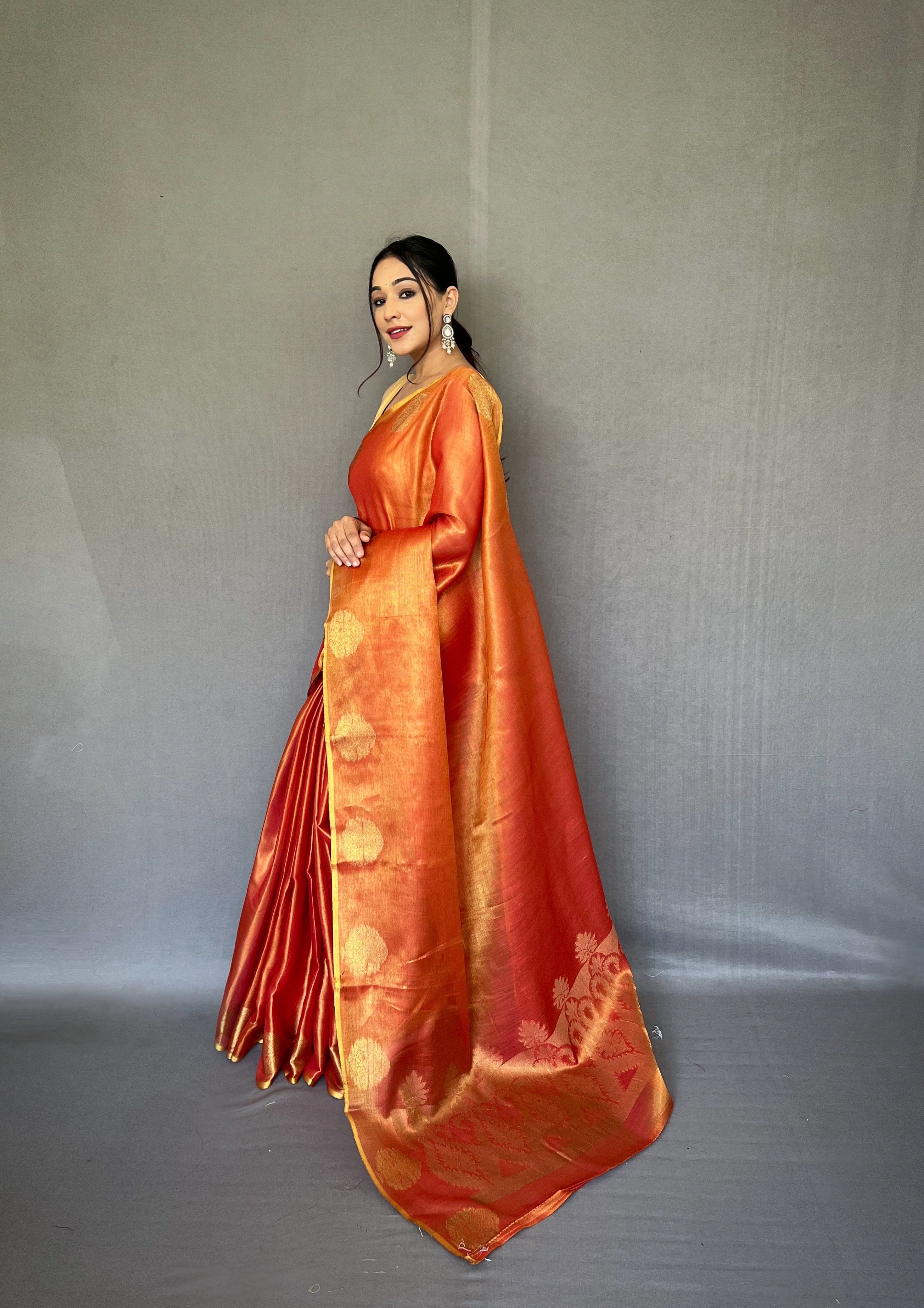 Peach Zari Threaded Tissue Silk Saree
