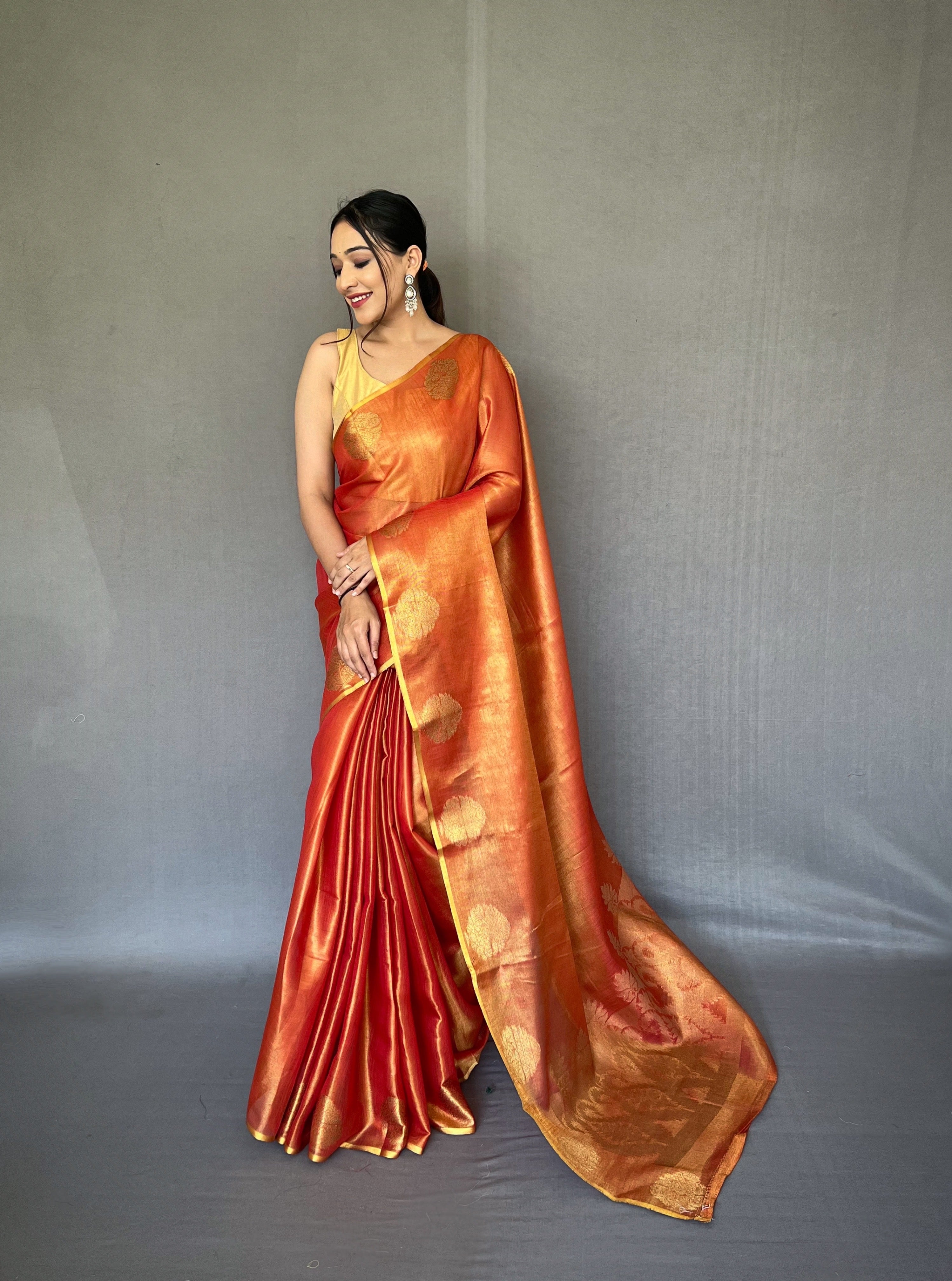 Peach Zari Threaded Tissue Silk Saree
