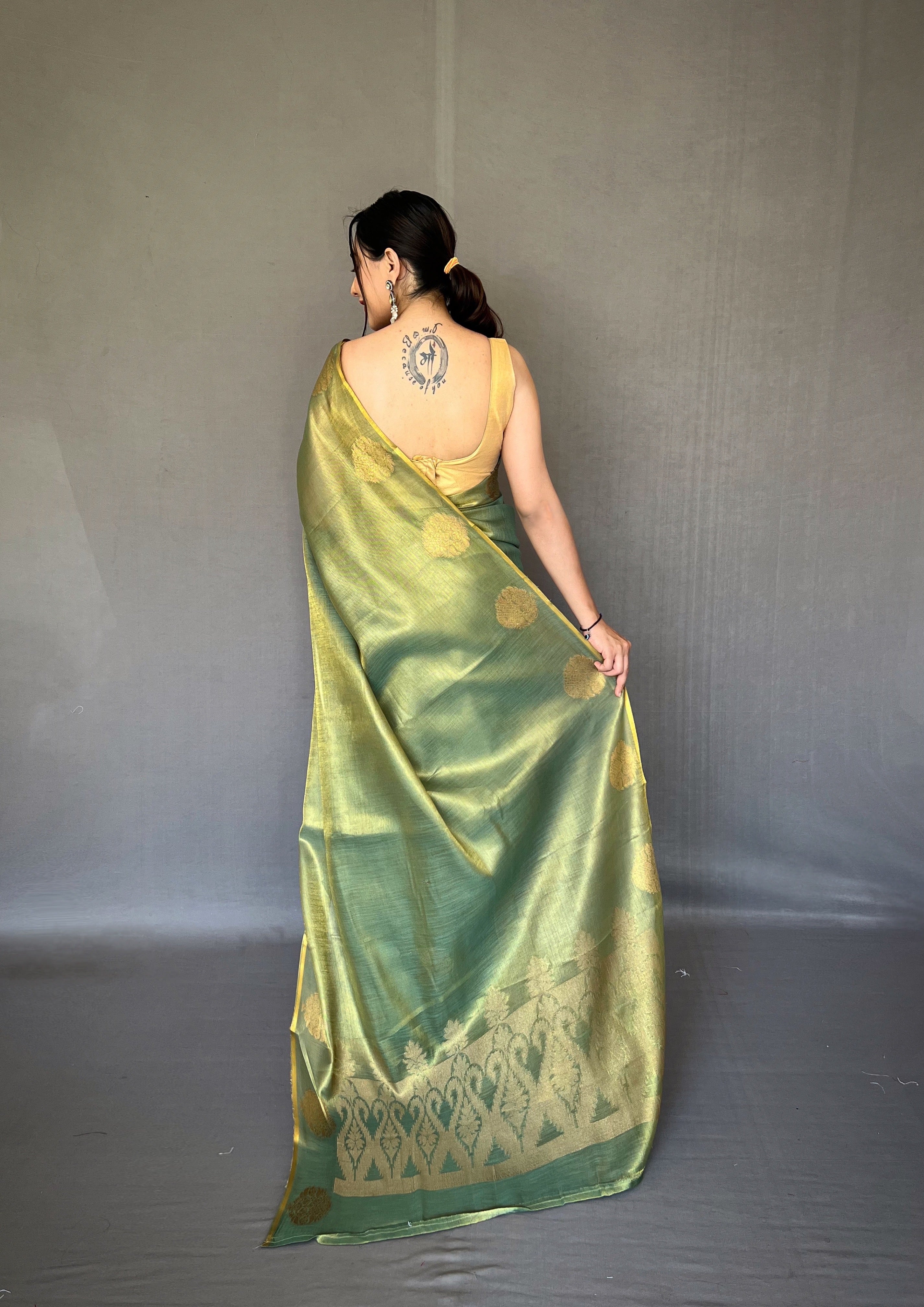 Olive Green Zari Threaded Tissue Silk Saree