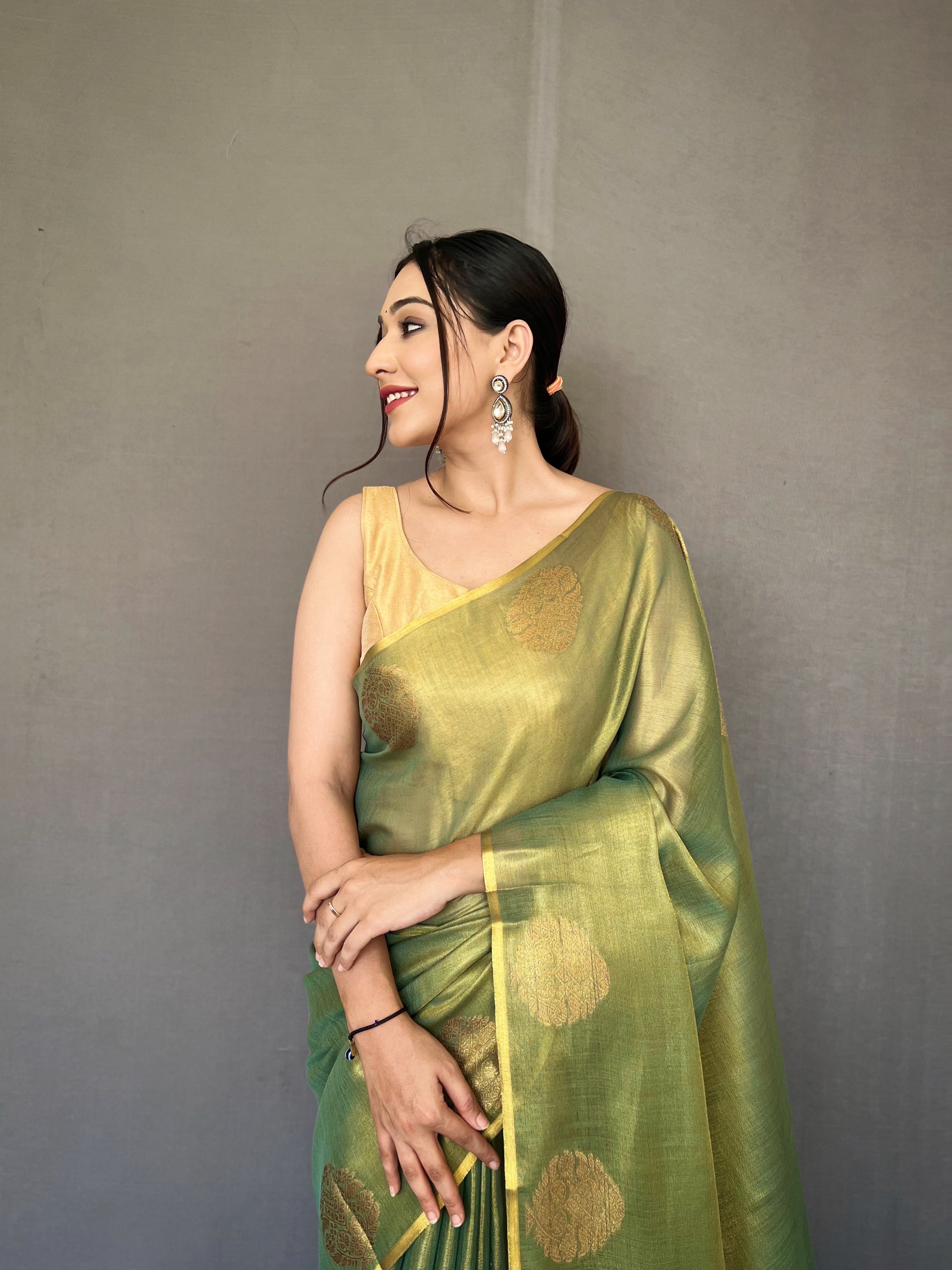 Olive Green Zari Threaded Tissue Silk Saree