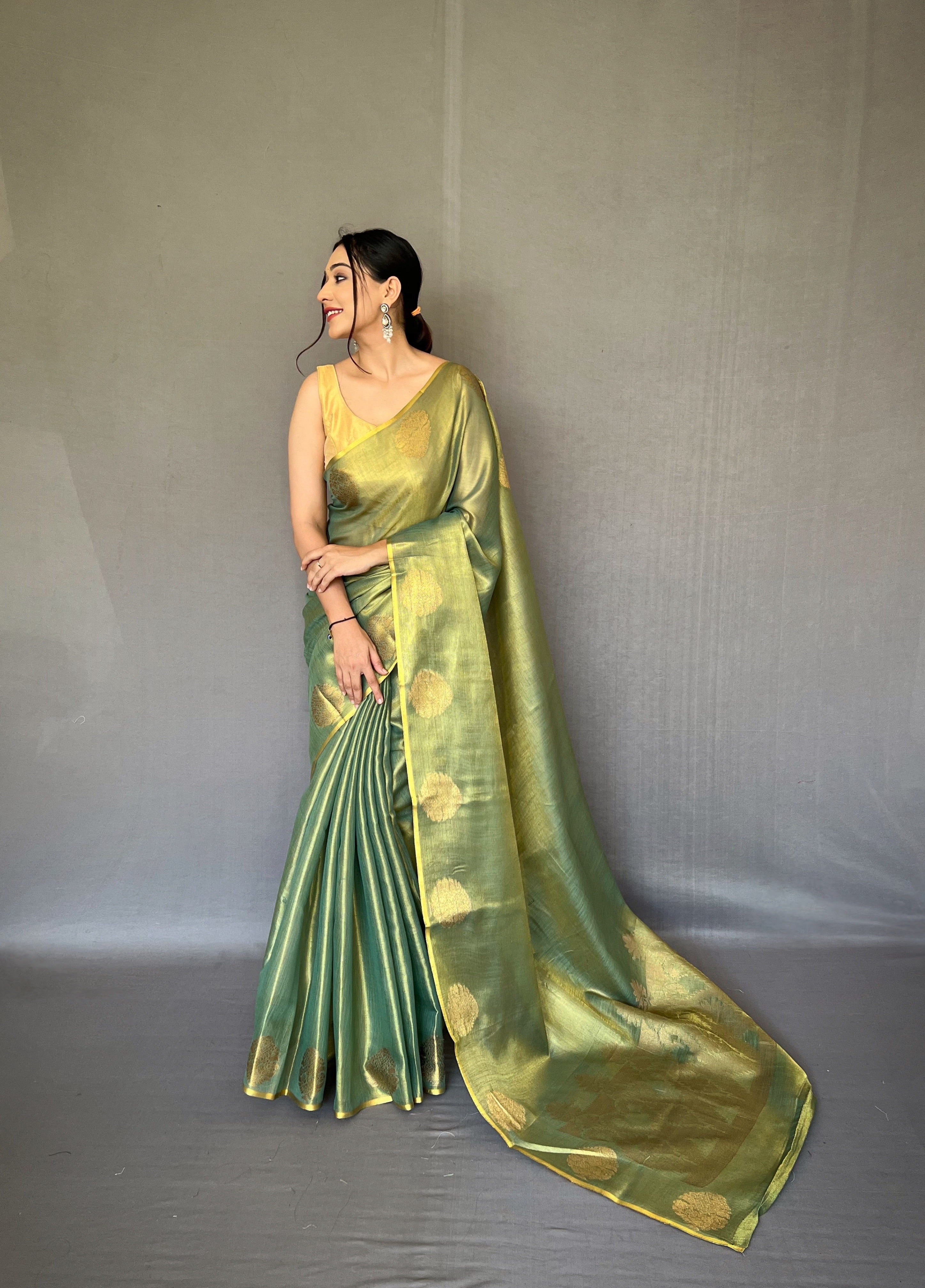 Olive Green Zari Threaded Tissue Silk Saree
