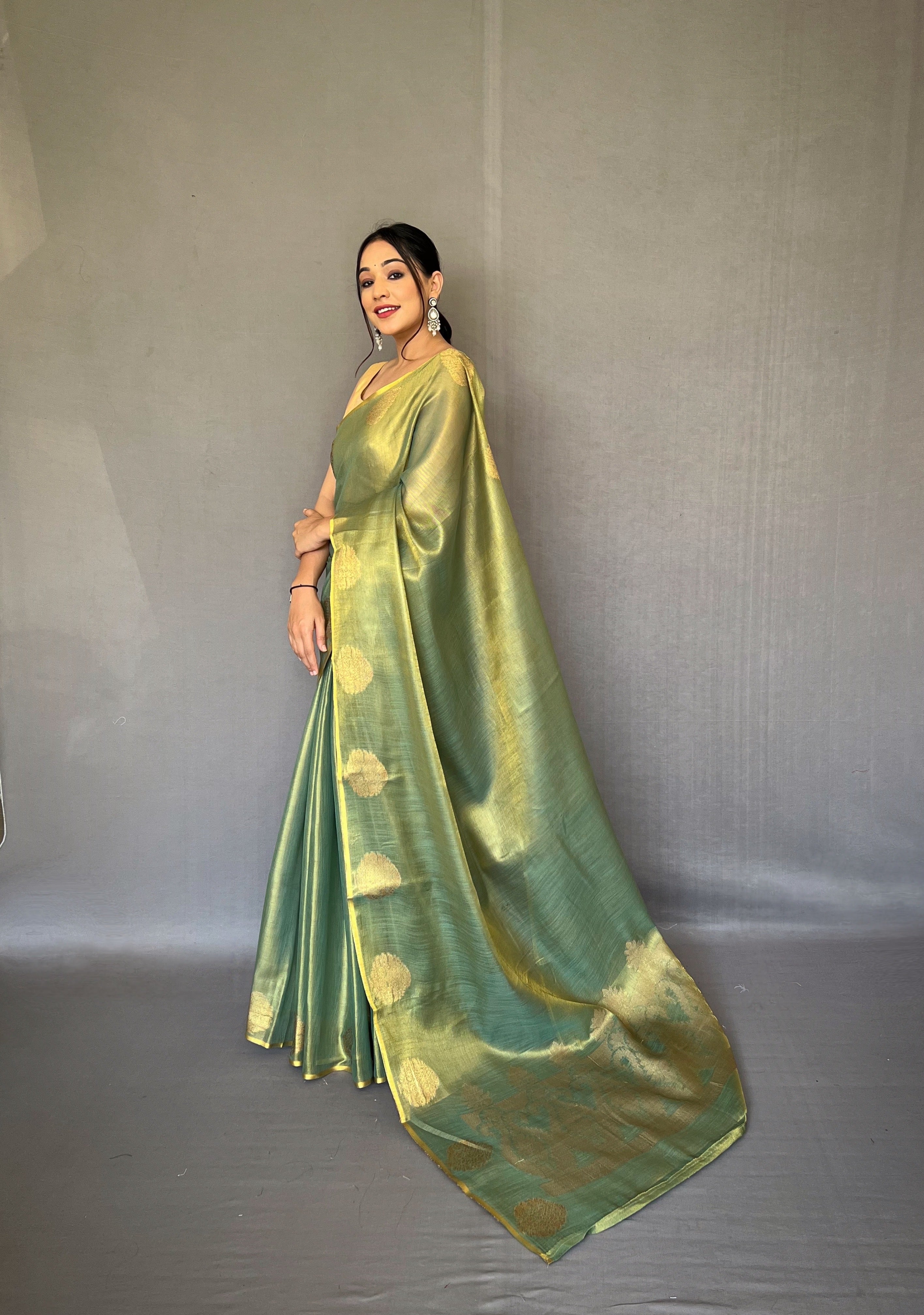 Olive Green Zari Threaded Tissue Silk Saree