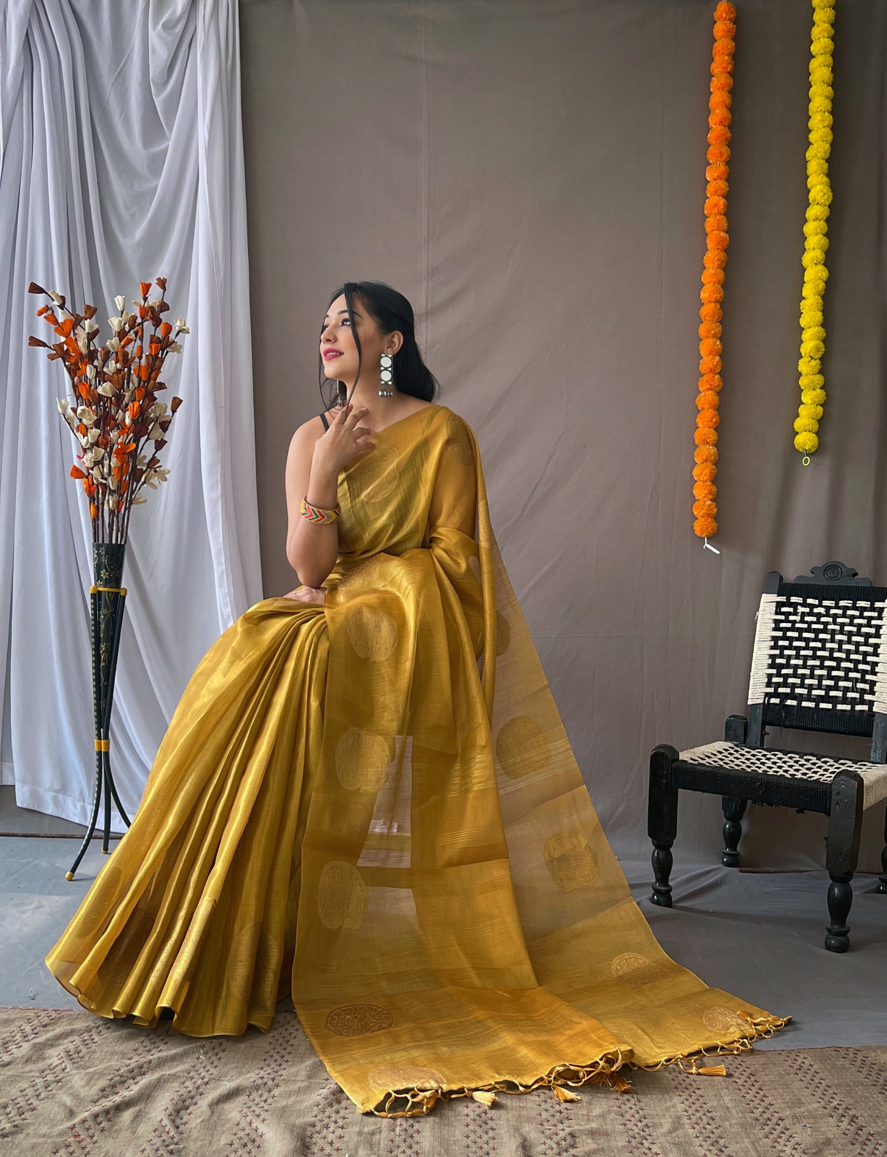Fuel Yellow Woven Tissue Silk Zari Weaving Saree