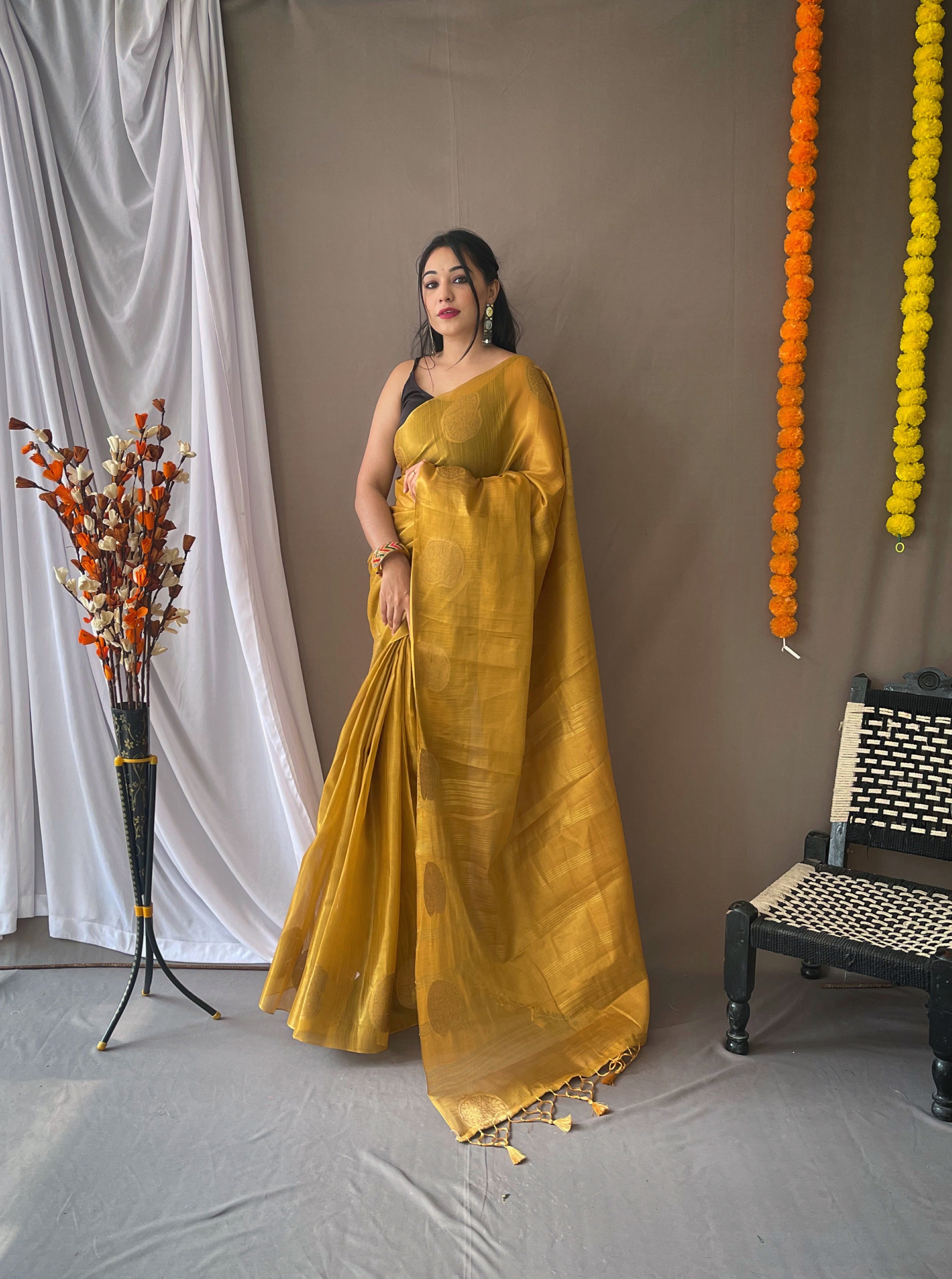 Fuel Yellow Woven Tissue Silk Zari Weaving Saree