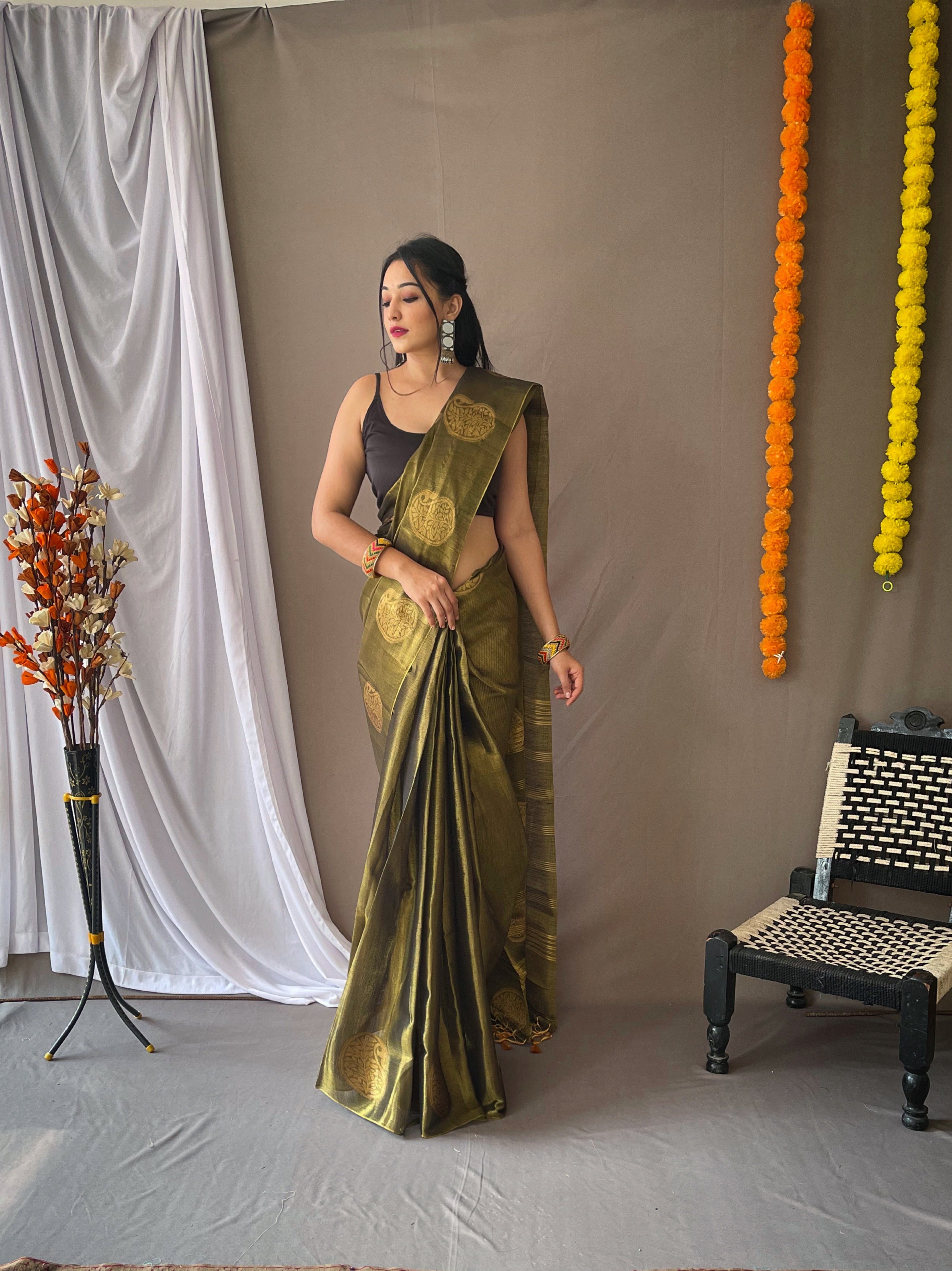Mocha Brown Woven Tissue Silk Zari Weaving Saree