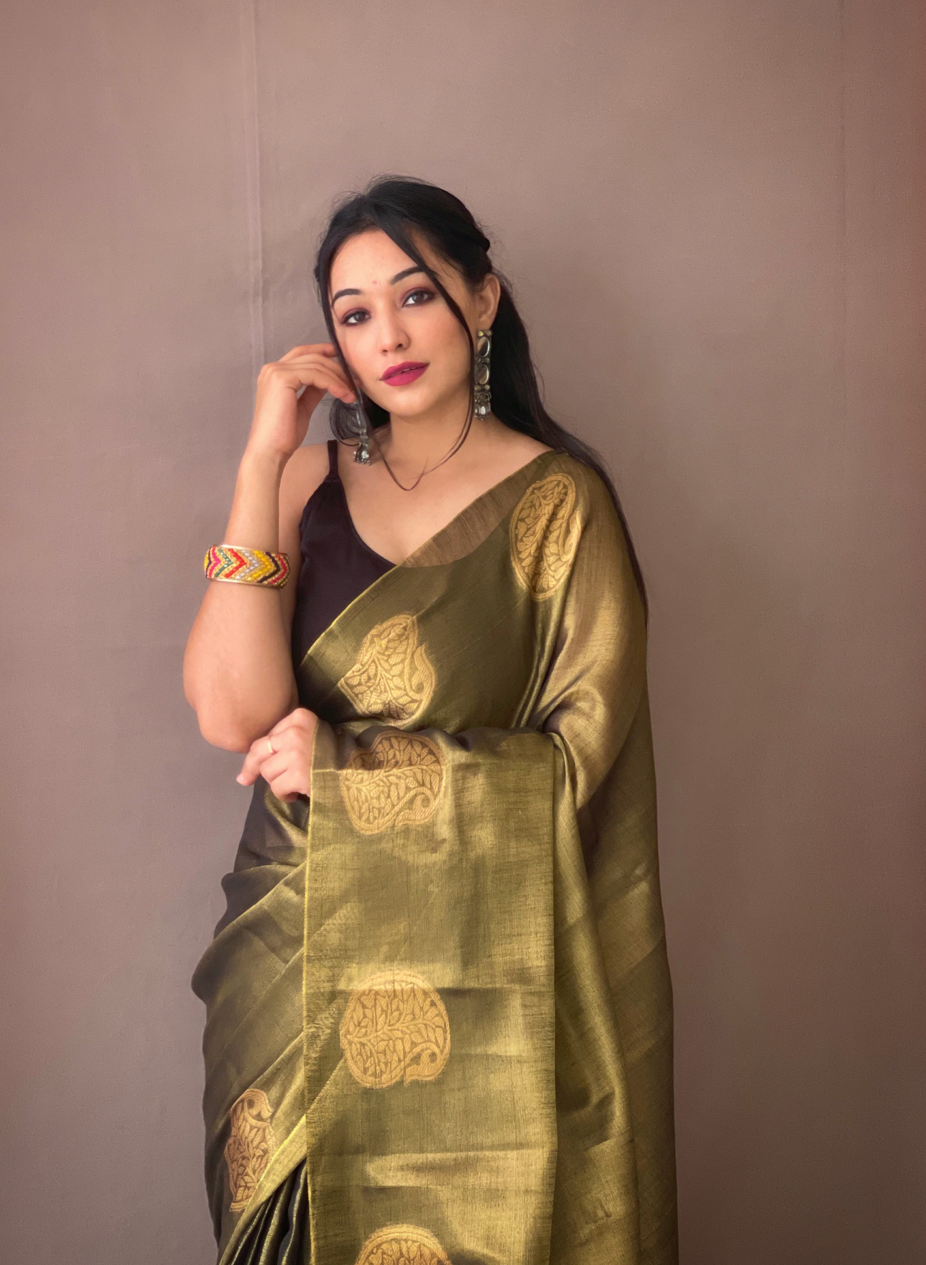 Mocha Brown Woven Tissue Silk Zari Weaving Saree