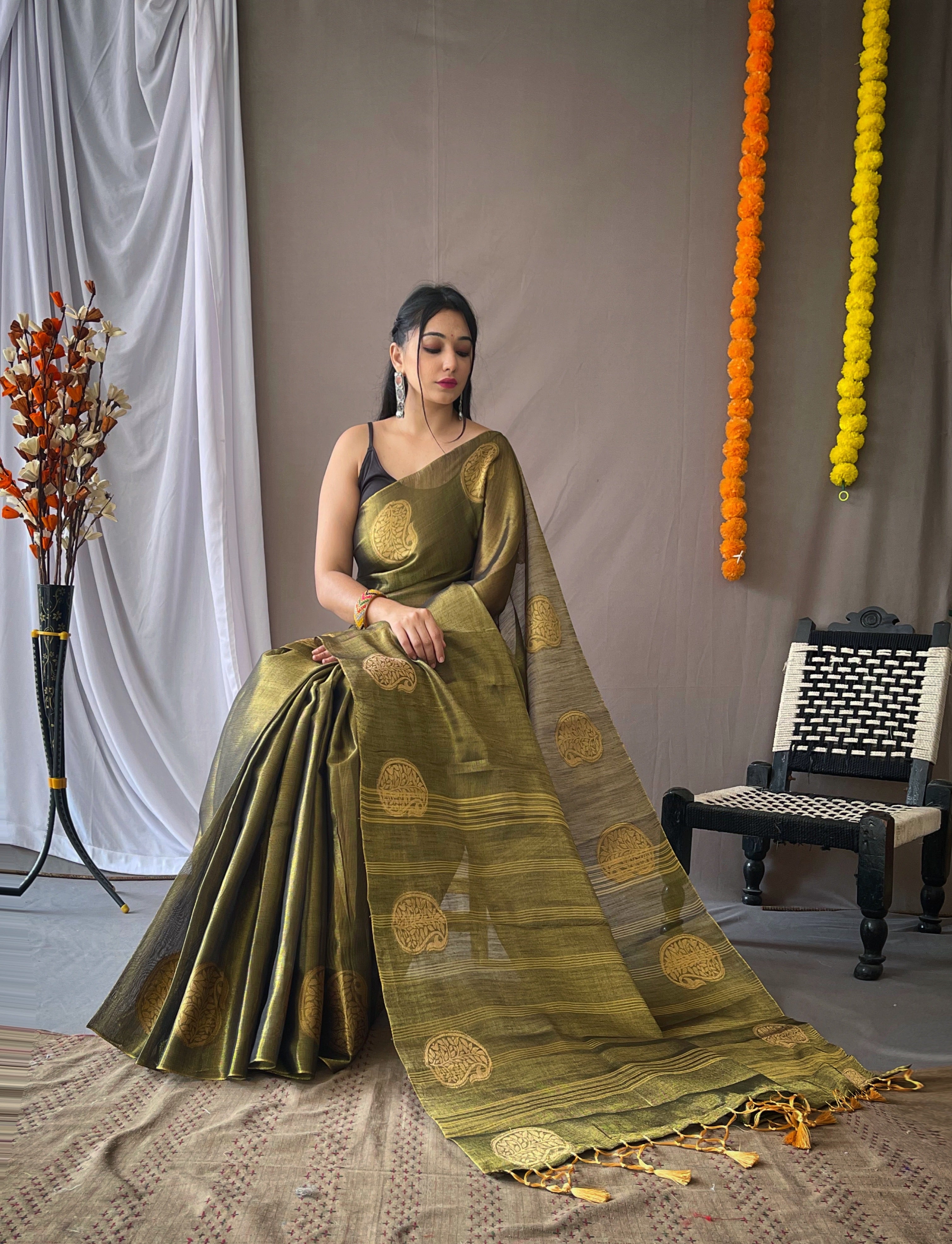 Mocha Brown Woven Tissue Silk Zari Weaving Saree