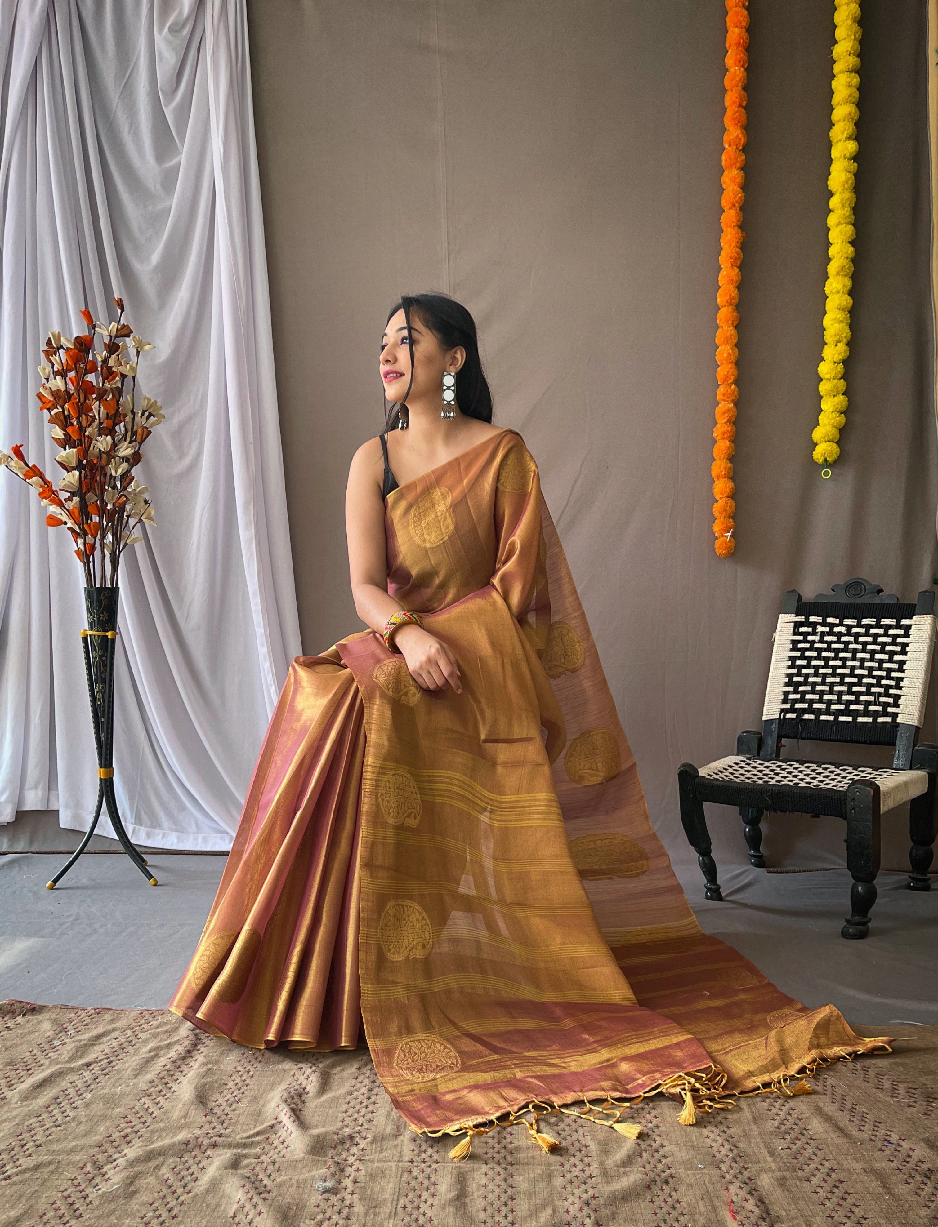 Dusty Rose Woven Tissue Silk Zari Weaving Saree