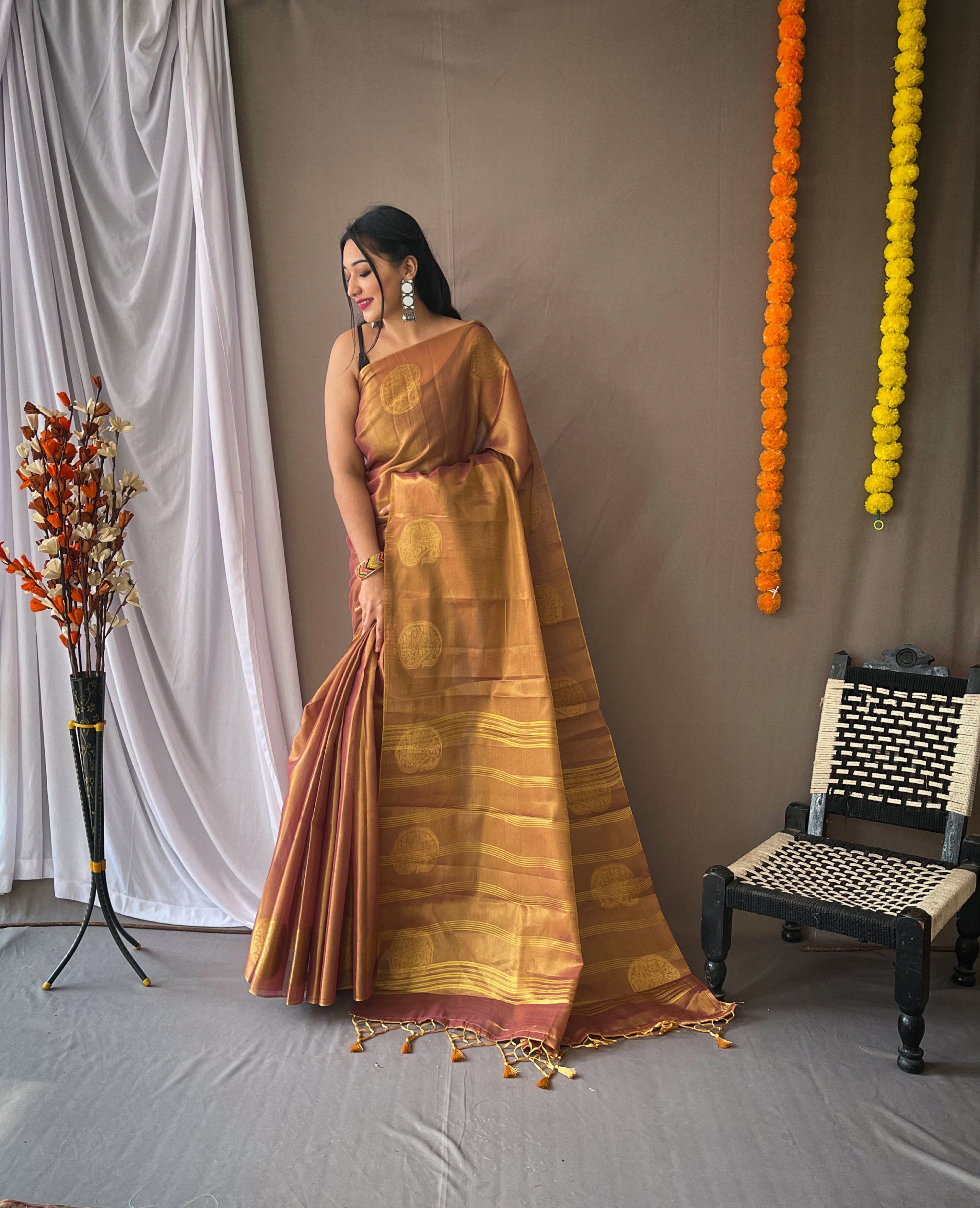 Dusty Rose Woven Tissue Silk Zari Weaving Saree