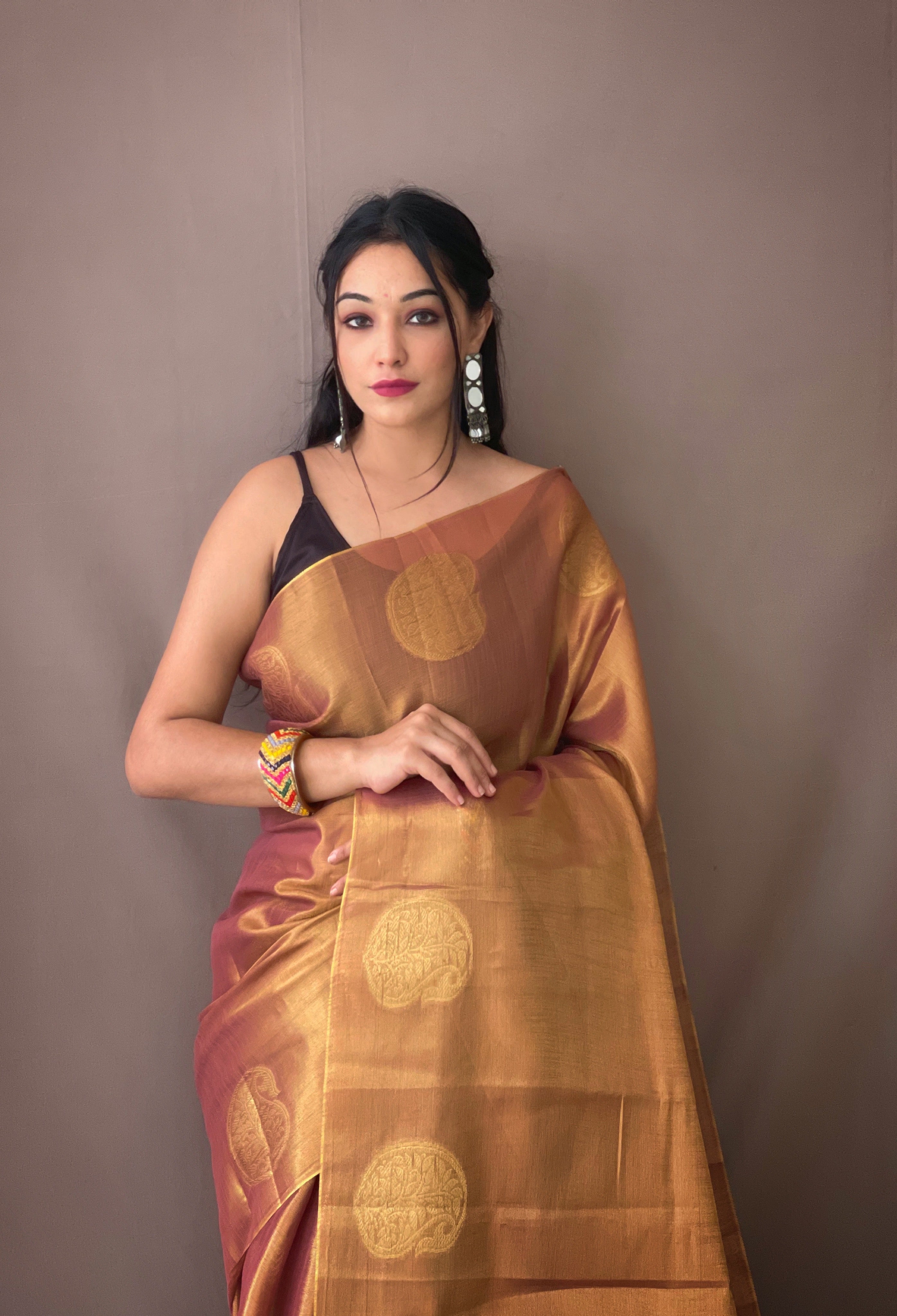 Dusty Rose Woven Tissue Silk Zari Weaving Saree