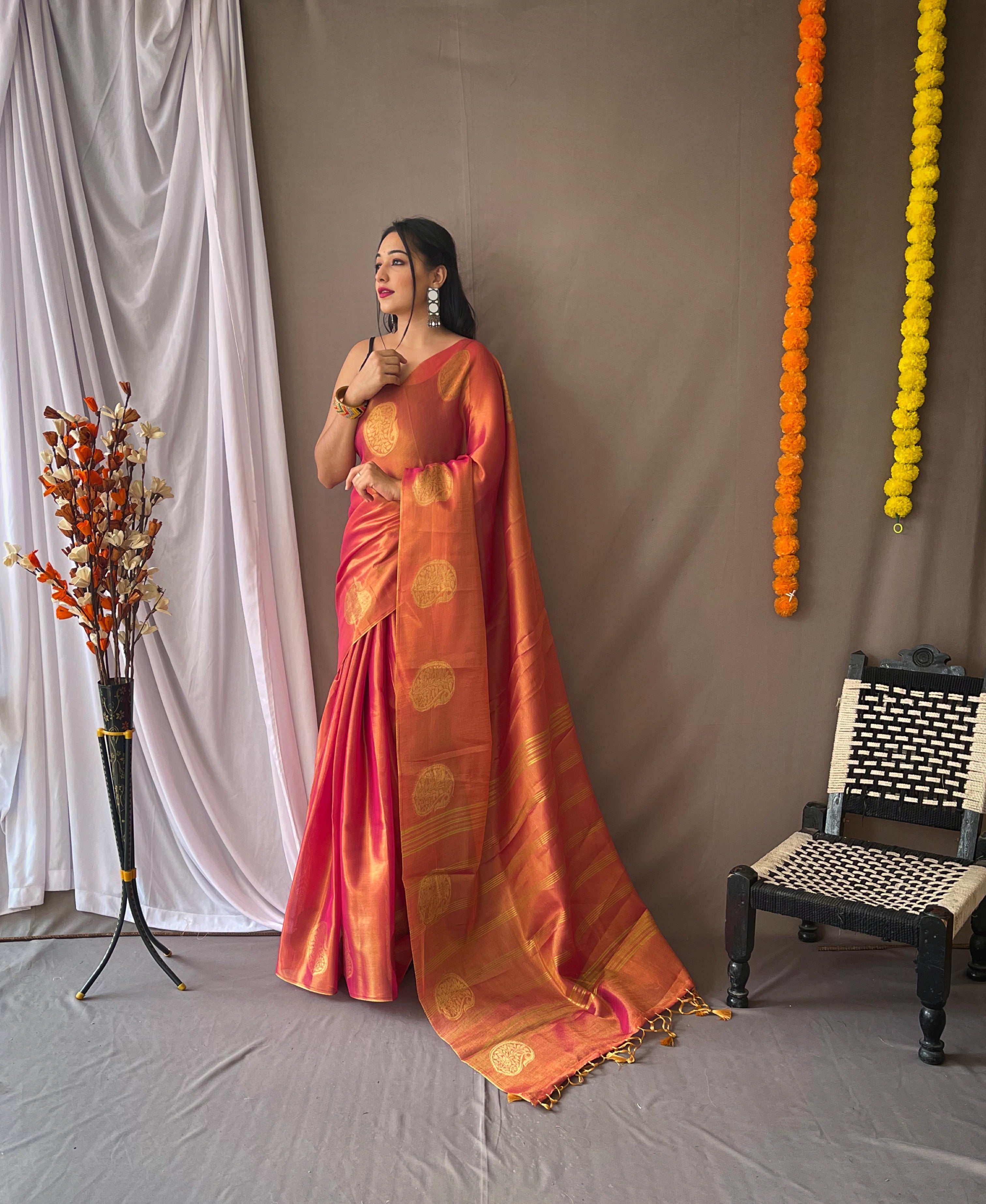Vivid Rose Woven Tissue Silk Zari Weaving Saree