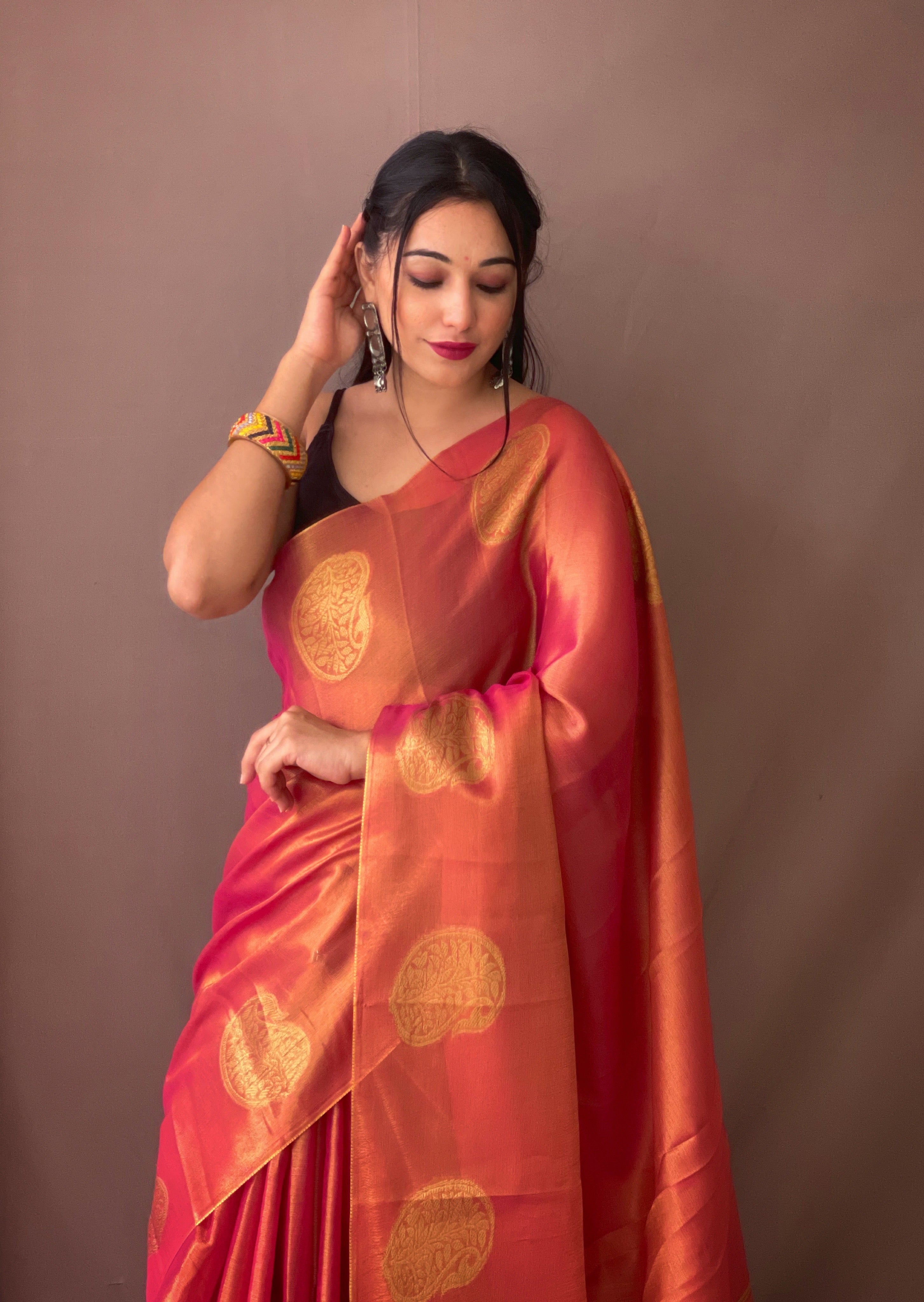 Vivid Rose Woven Tissue Silk Zari Weaving Saree