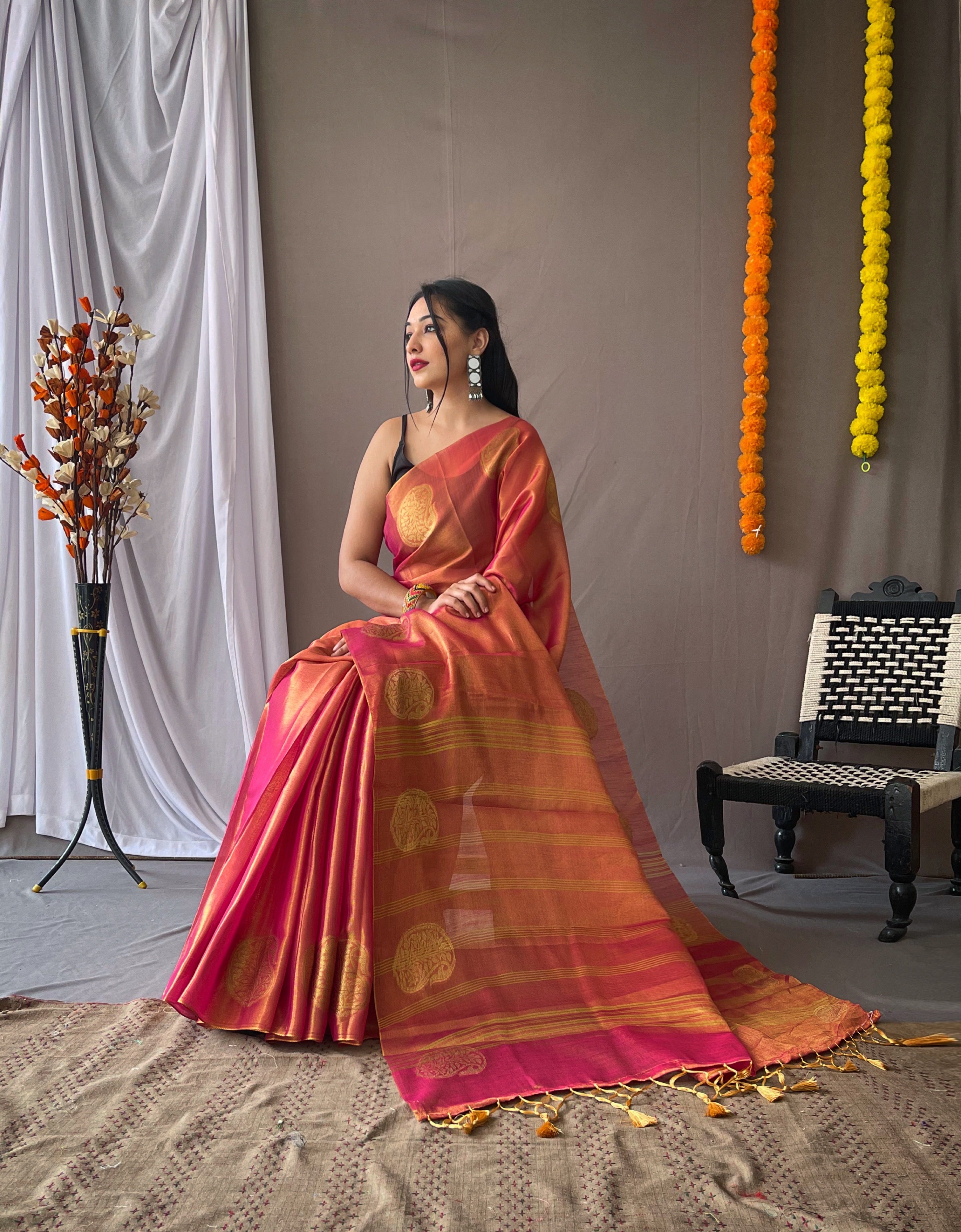 Vivid Rose Woven Tissue Silk Zari Weaving Saree