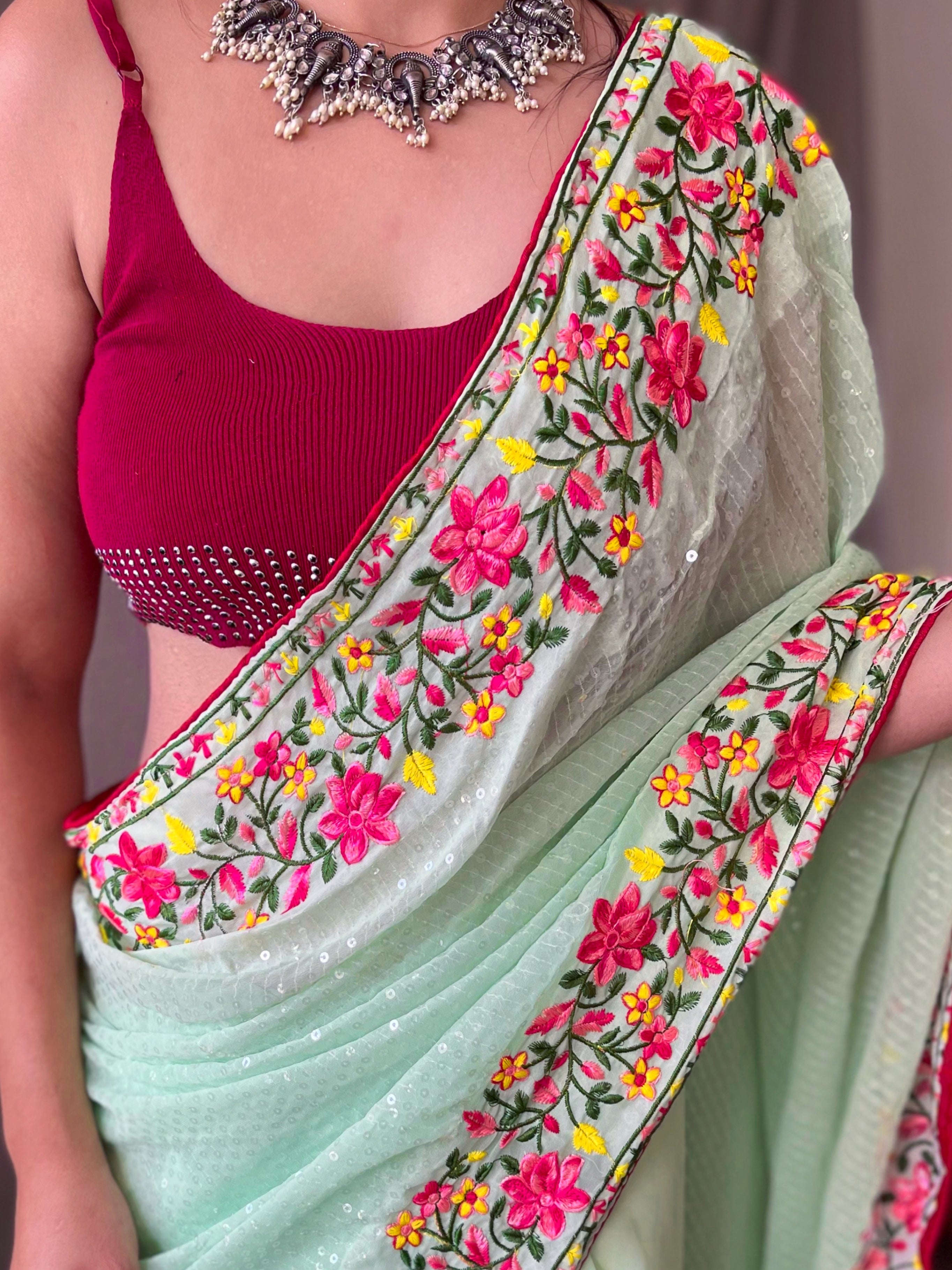 Mint green Sequence Embroidered Work Georgette Saree