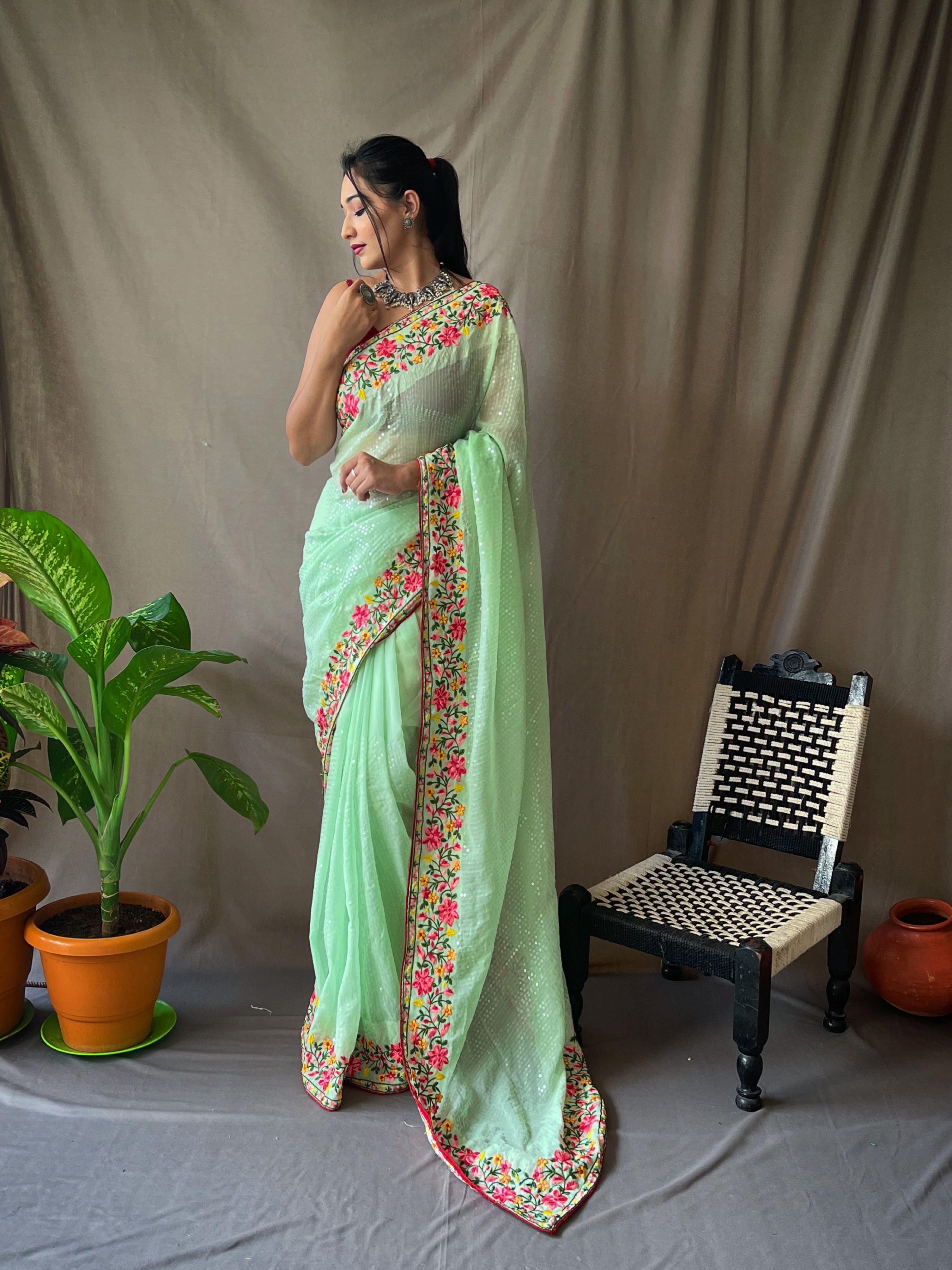 Mint green Sequence Embroidered Work Georgette Saree