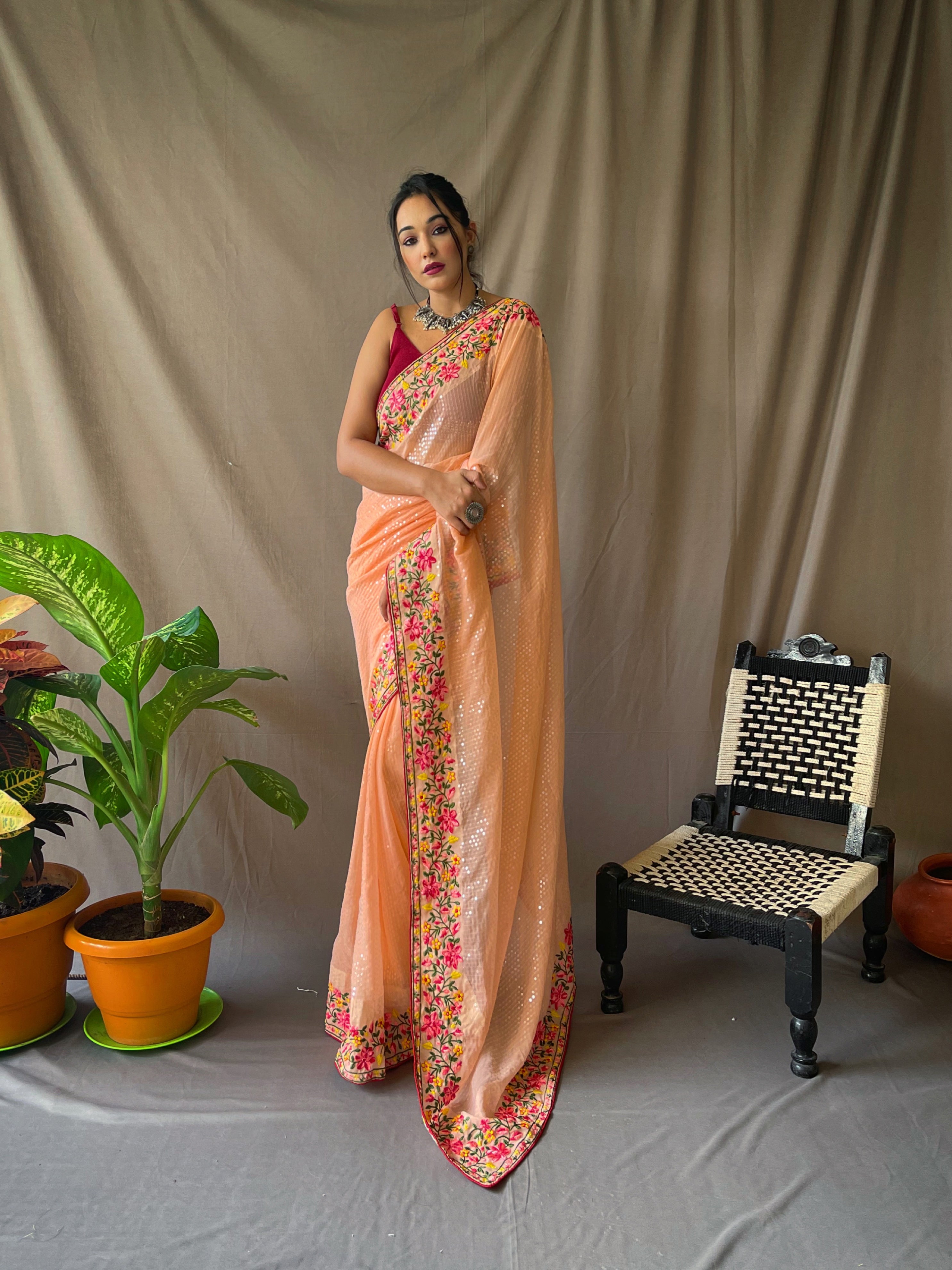 Orange Sequence Embroidered Work Georgette Saree