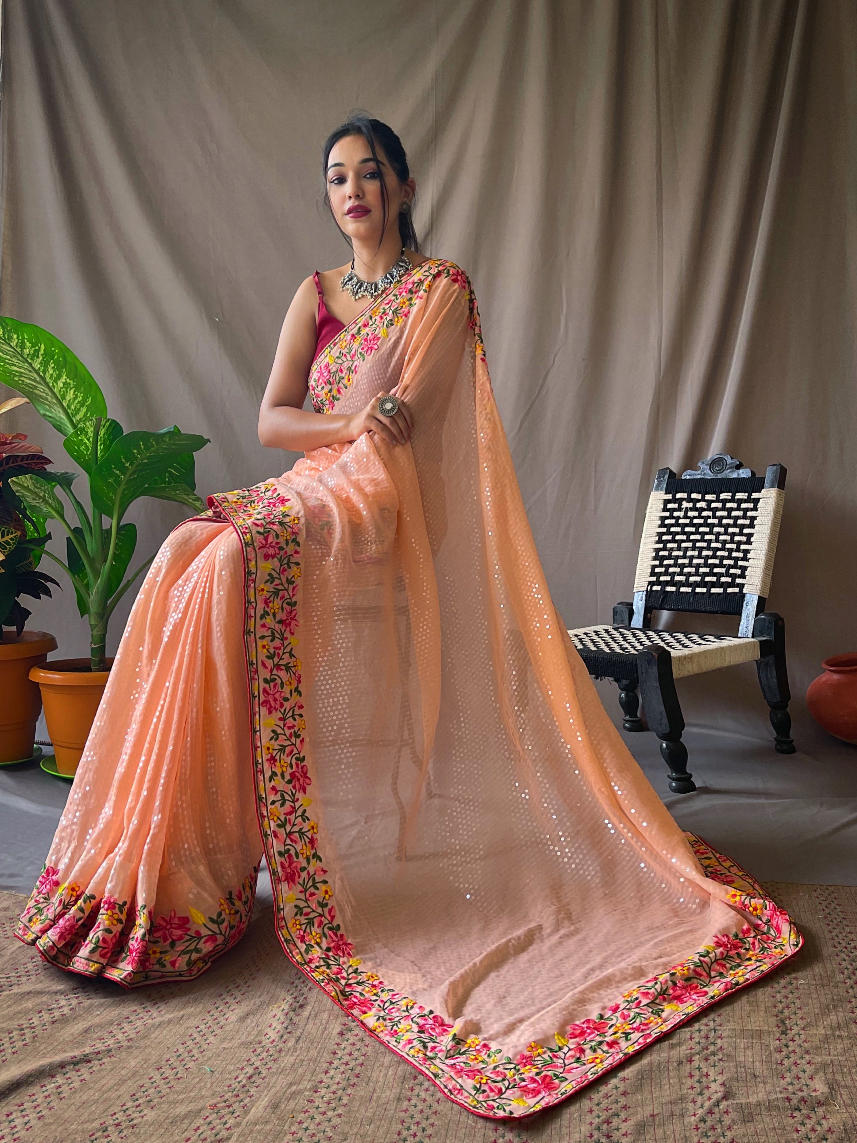 Orange Sequence Embroidered Work Georgette Saree