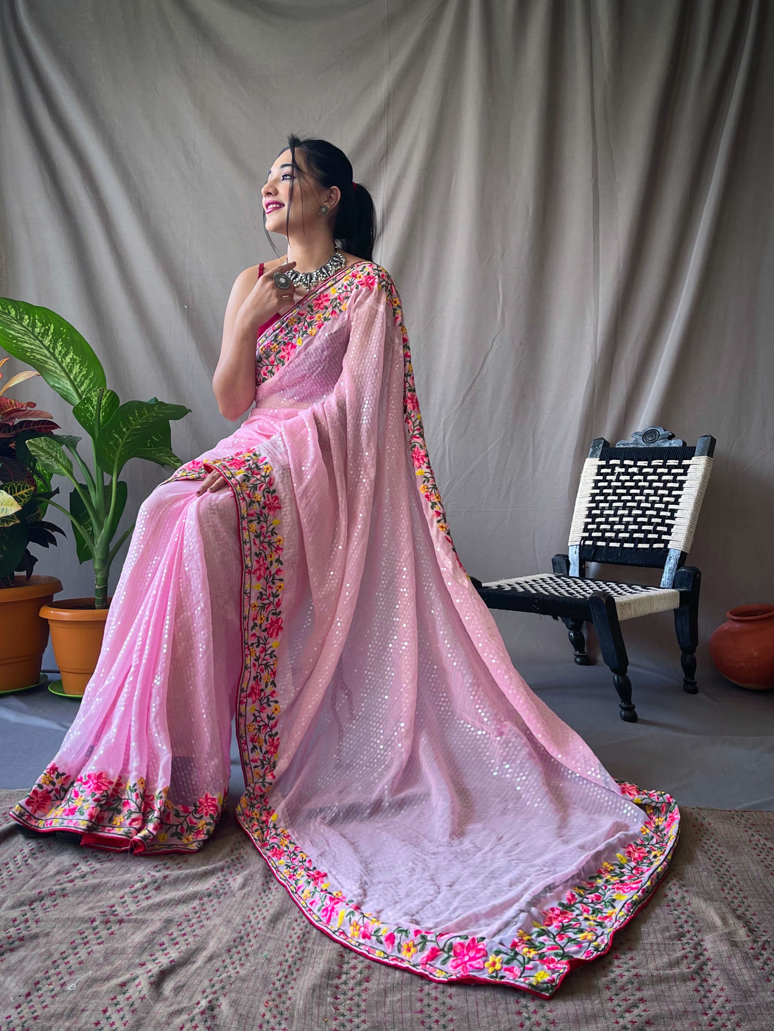 Canyon pink Sequence Embroidered Work Georgette Saree