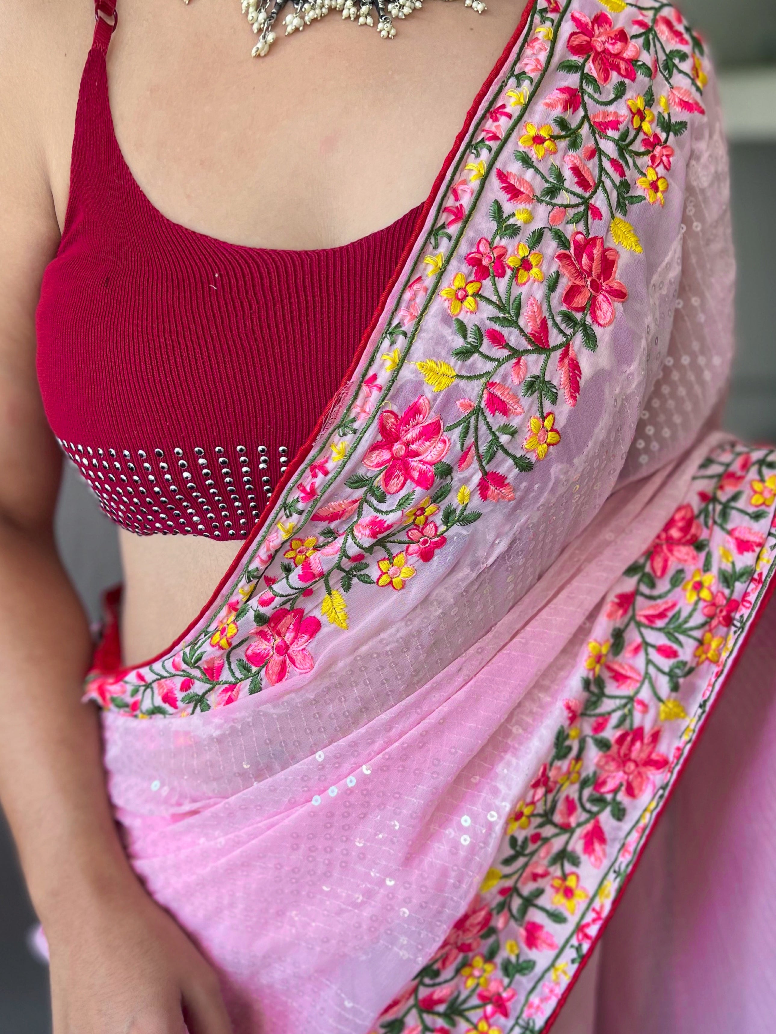 Canyon pink Sequence Embroidered Work Georgette Saree