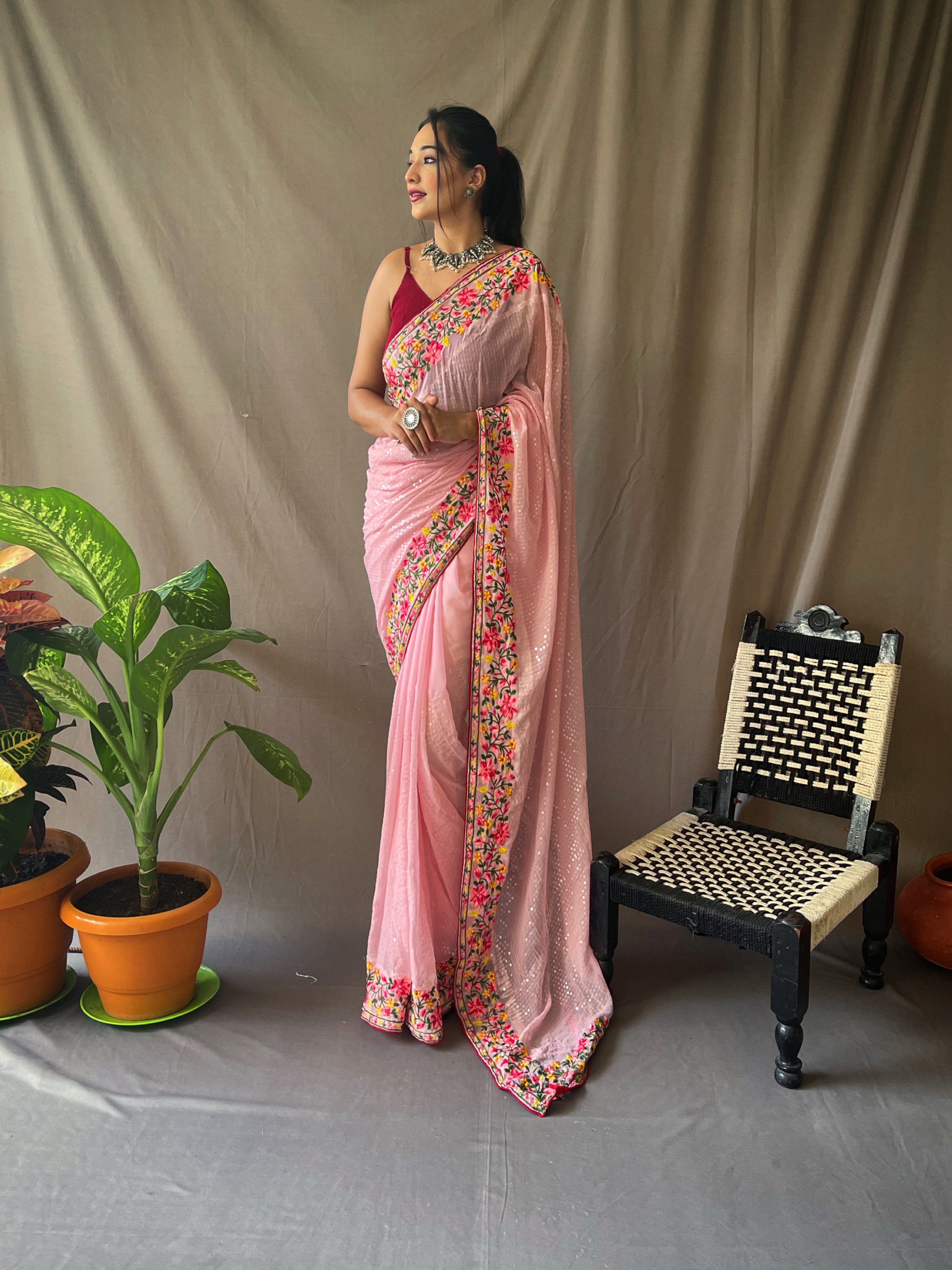 Canyon pink Sequence Embroidered Work Georgette Saree