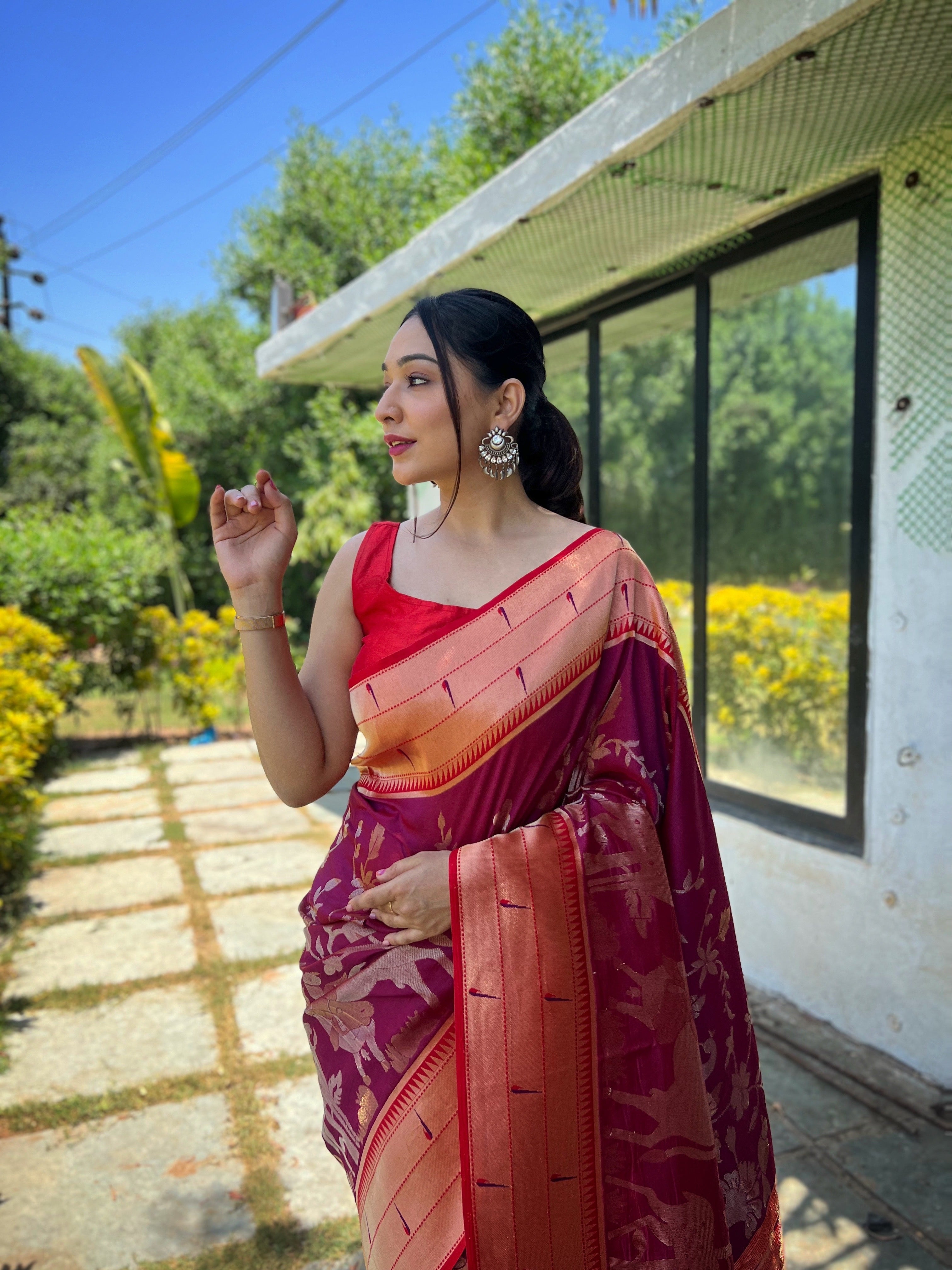 Traditional Design Patterns Wine Soft paithani silk saree