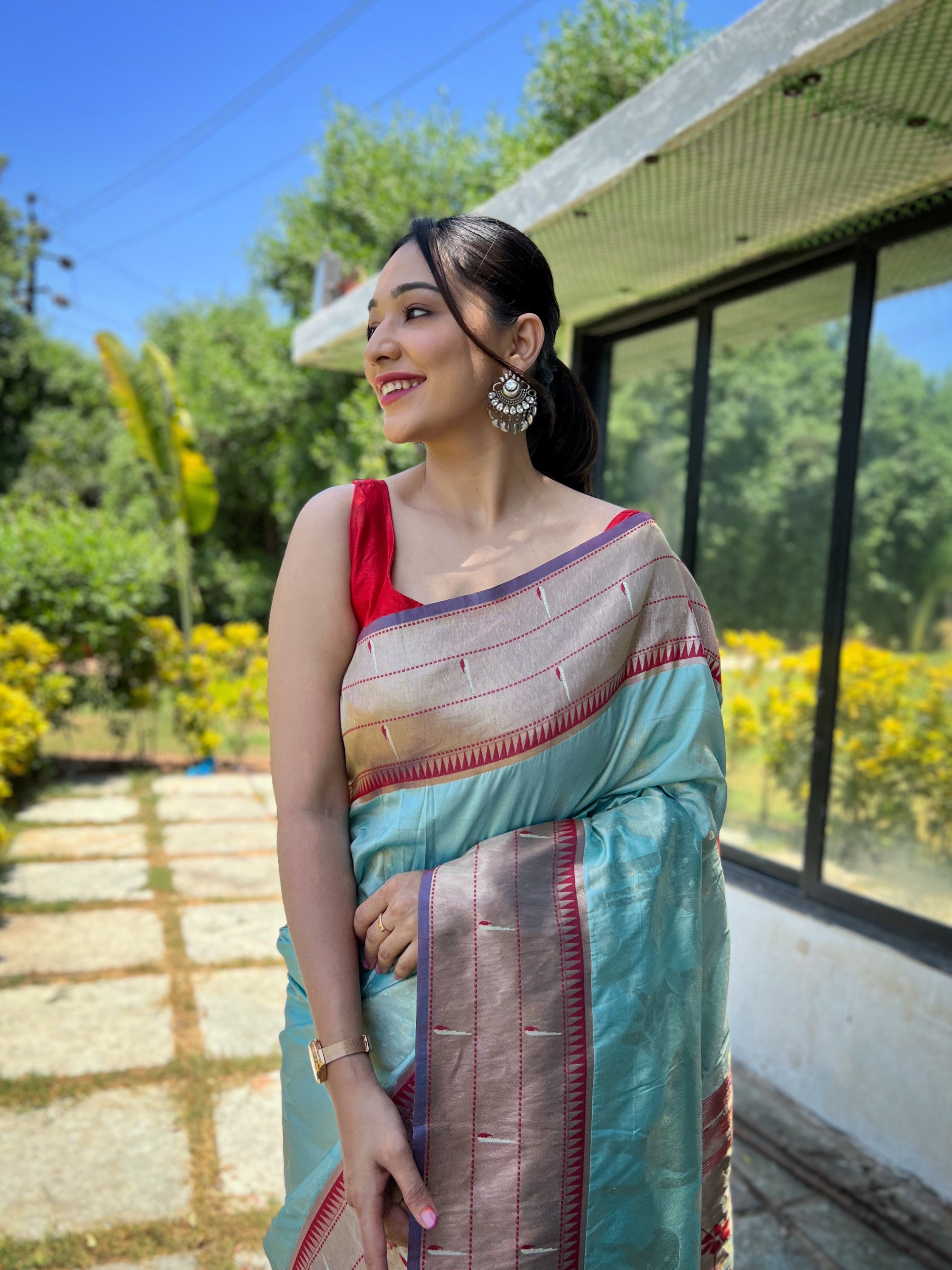 Traditional Design Patterns Sky Blue Soft paithani silk saree