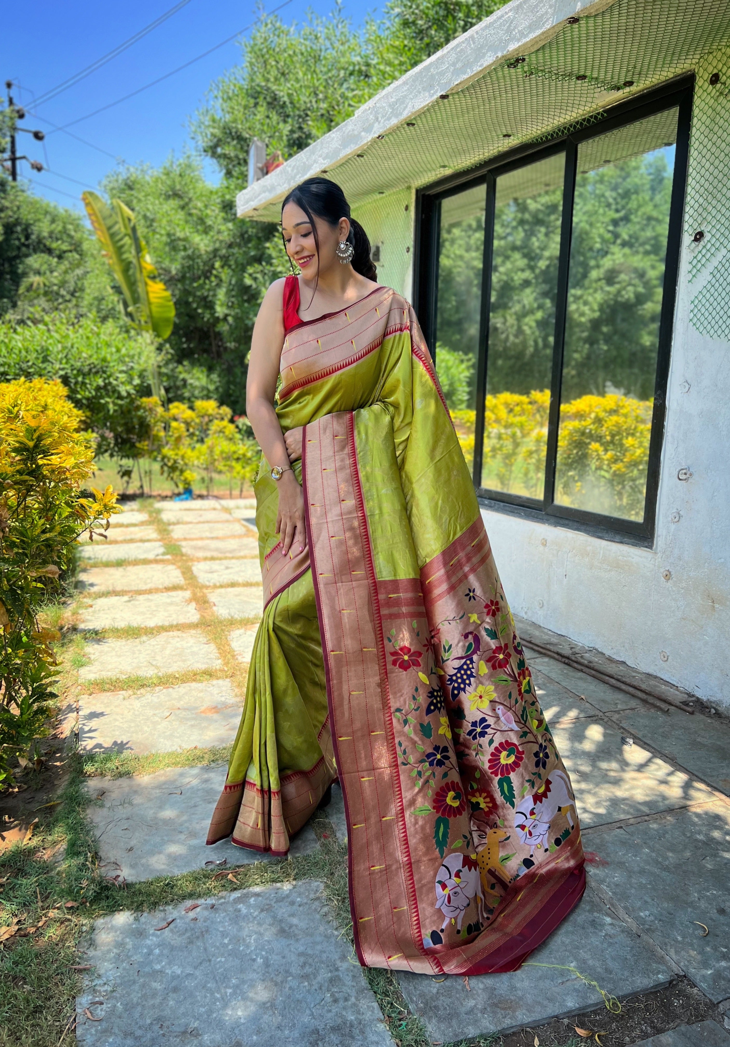 Traditional Design Patterns Parrot Green Soft paithani silk saree