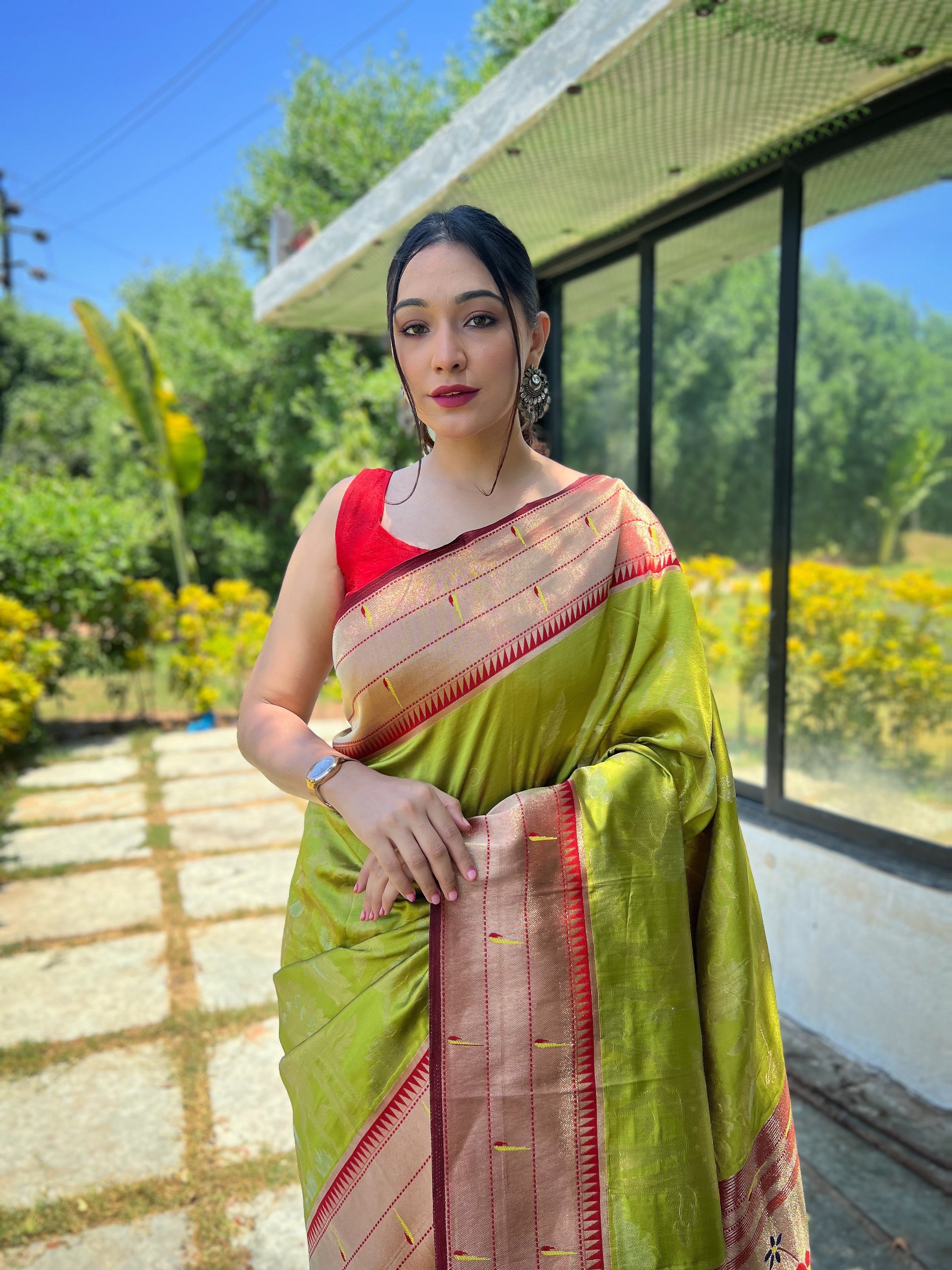 Traditional Design Patterns Parrot Green Soft paithani silk saree