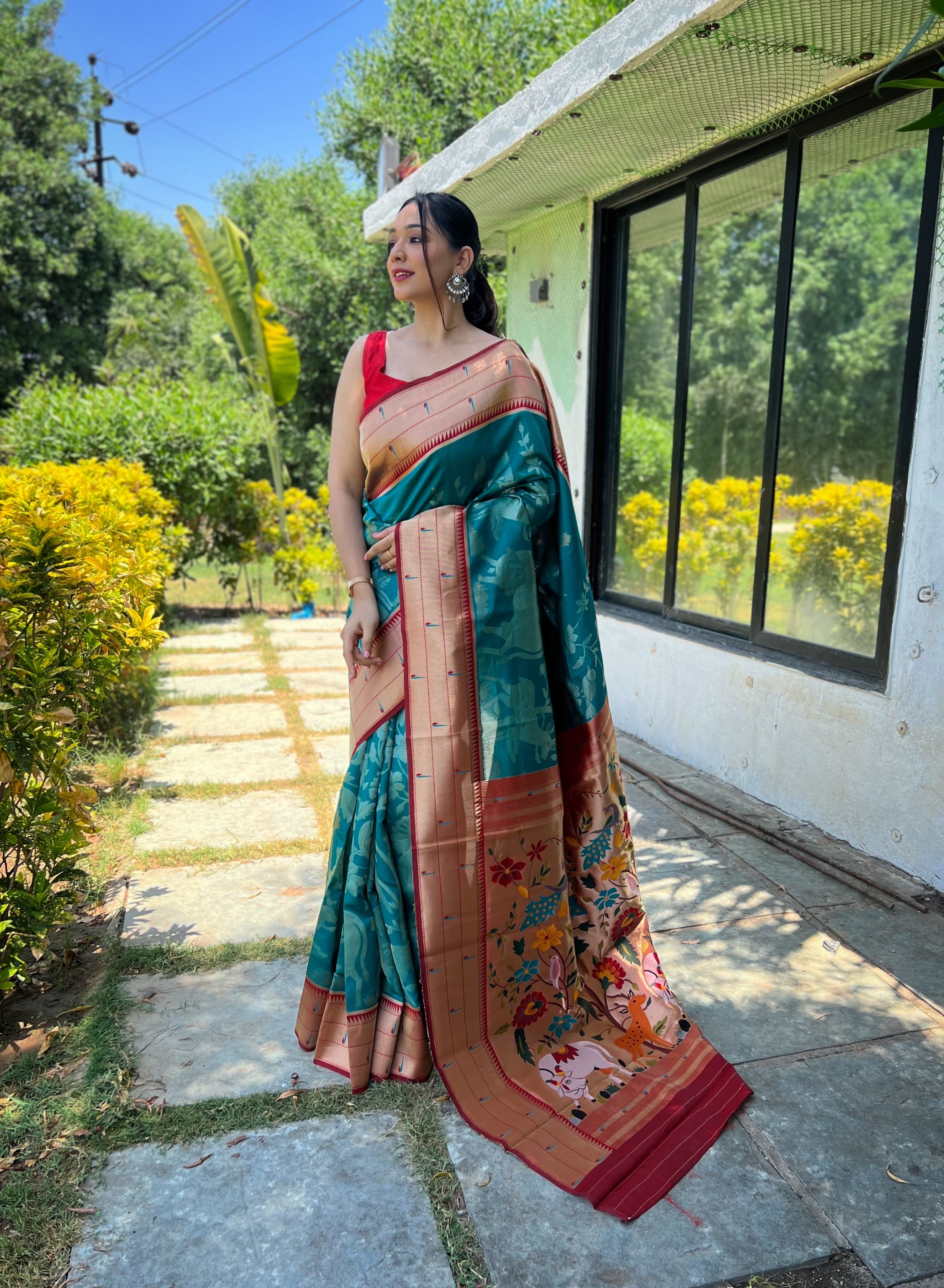Traditional Design Patterns Turquoise Soft paithani silk saree