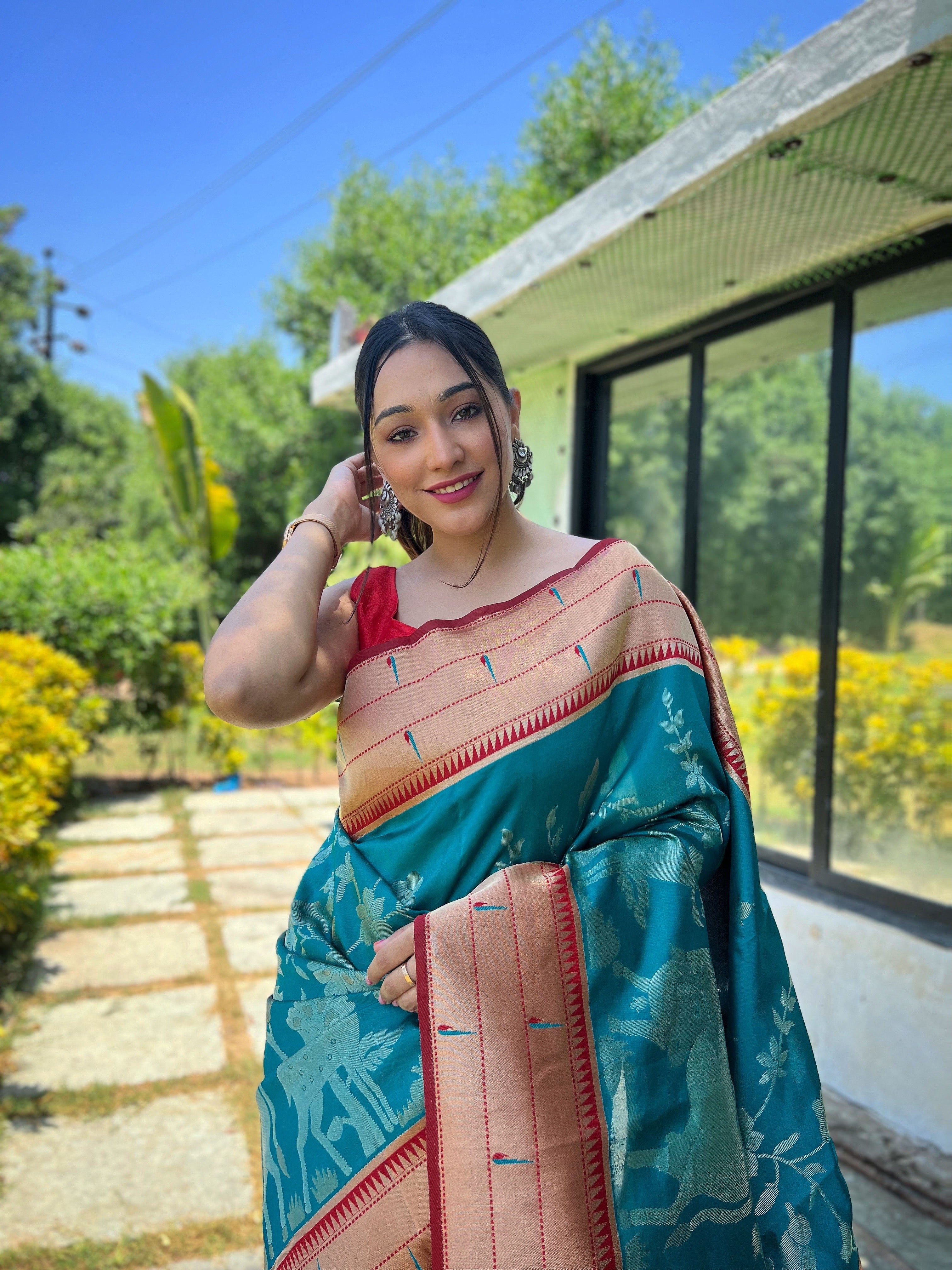 Traditional Design Patterns Turquoise Soft paithani silk saree
