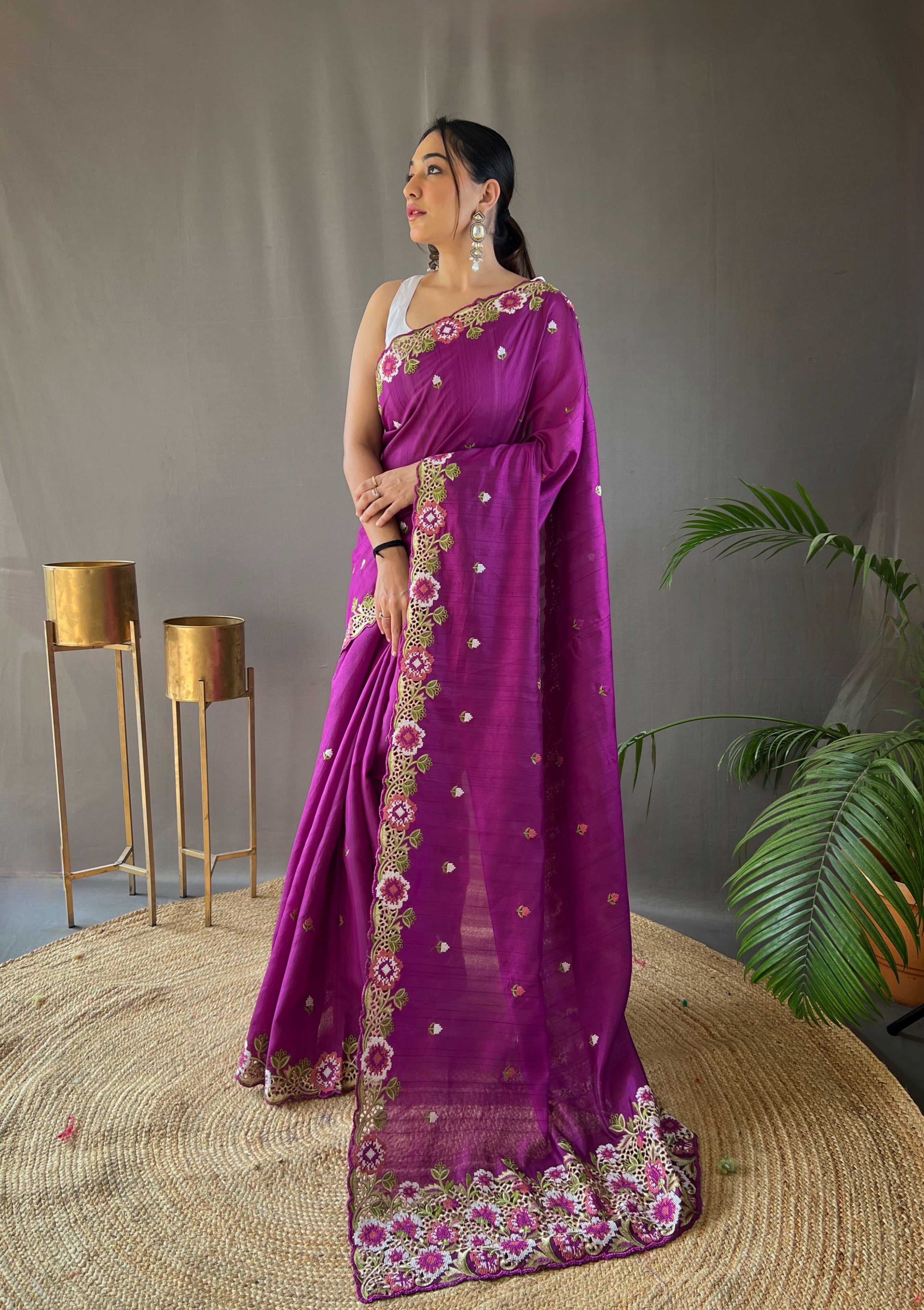 Purple Tussar Silk Embroidered Work Saree